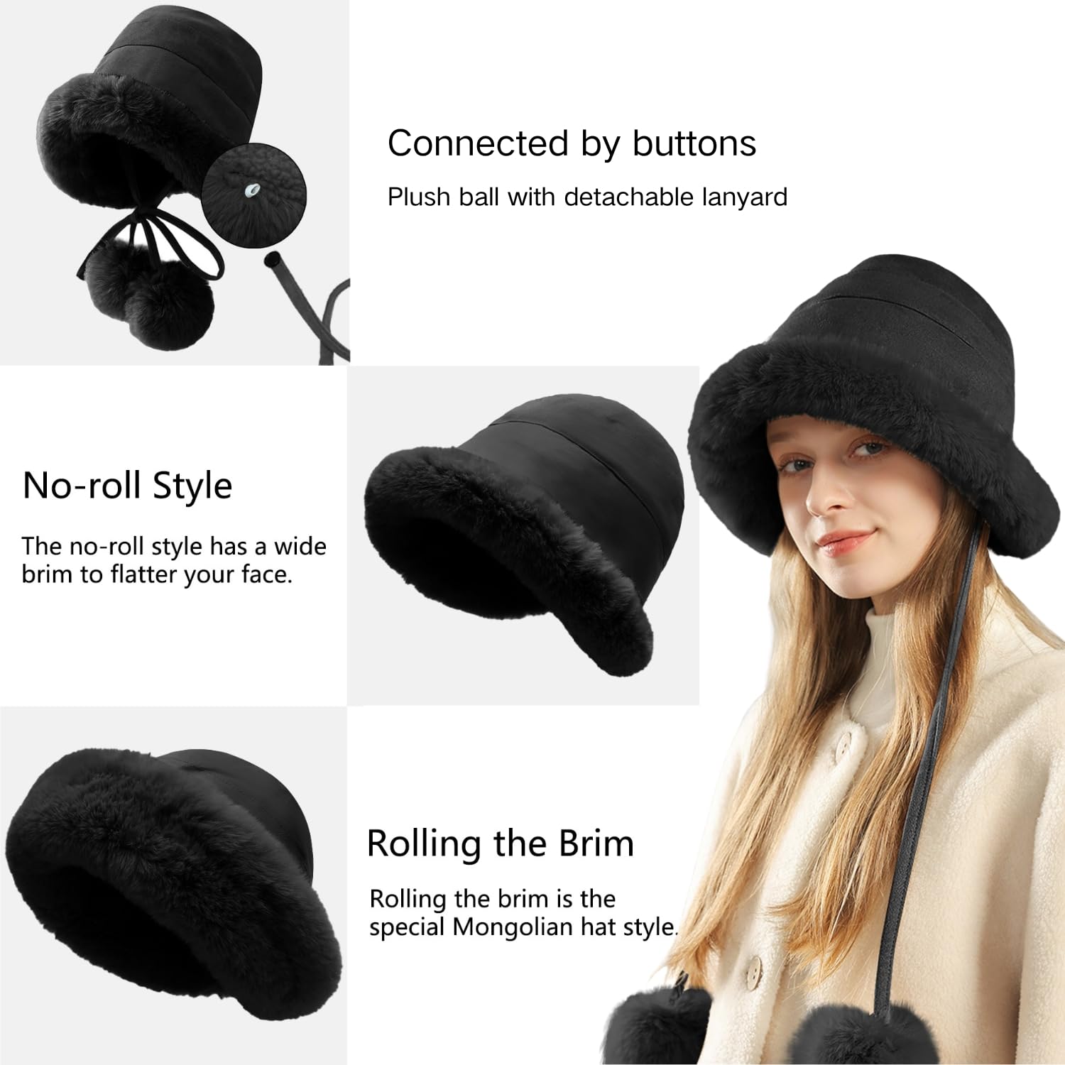 crazy bean Cappello Donna Invernale Peloso Caldo Cappello Pescatore Elegante con PON PON in Pelliccia Rimovibile Arrotolato Bordo