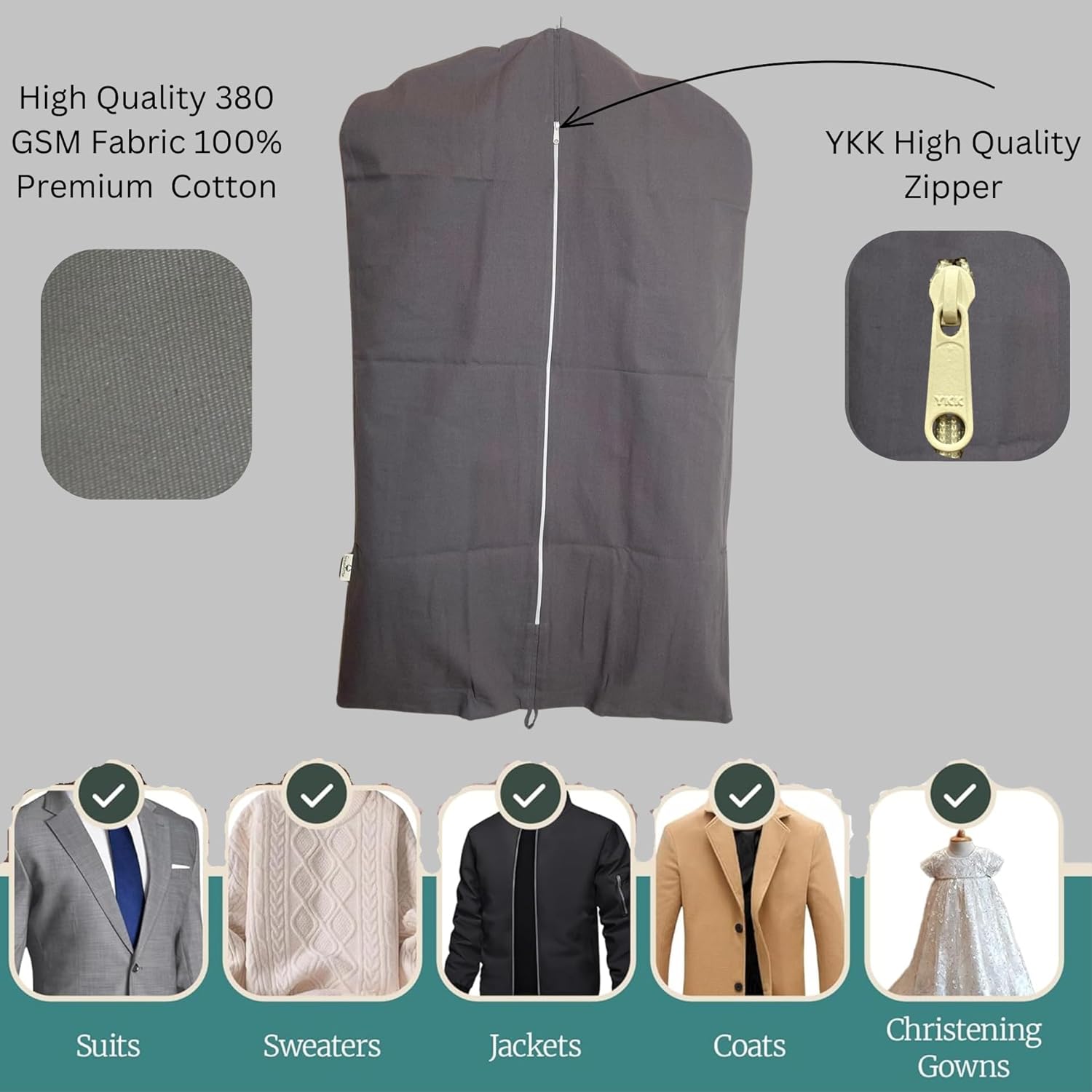 Premium 100% Cotton Garment Bags – 35" Gray Canvas Suit Cover with YKK Zipper – Breathable, Dust-Proof Storage for Suits, Coats, Dresses, Jackets & Travel/Closet Use