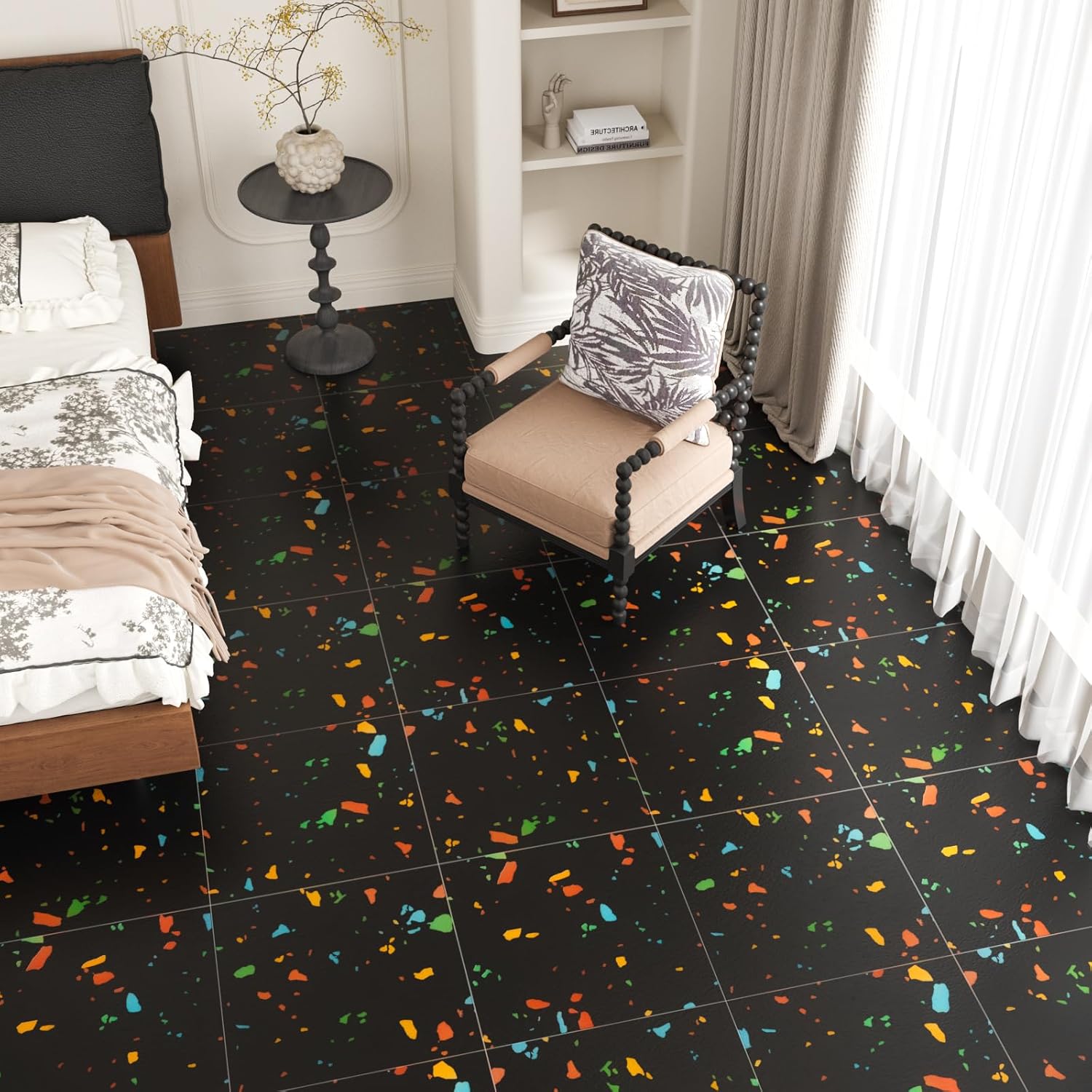 VaryStyle 18-Sheet Vinyl Flooring Black Colorful Terrazzo Floor Tiles Peel and Stick Waterproof Bathroom Flooring Tile 12x12 Inch Removable Self Adhesive Thick Stick on Floor Tiles for Kitchen Bedroom