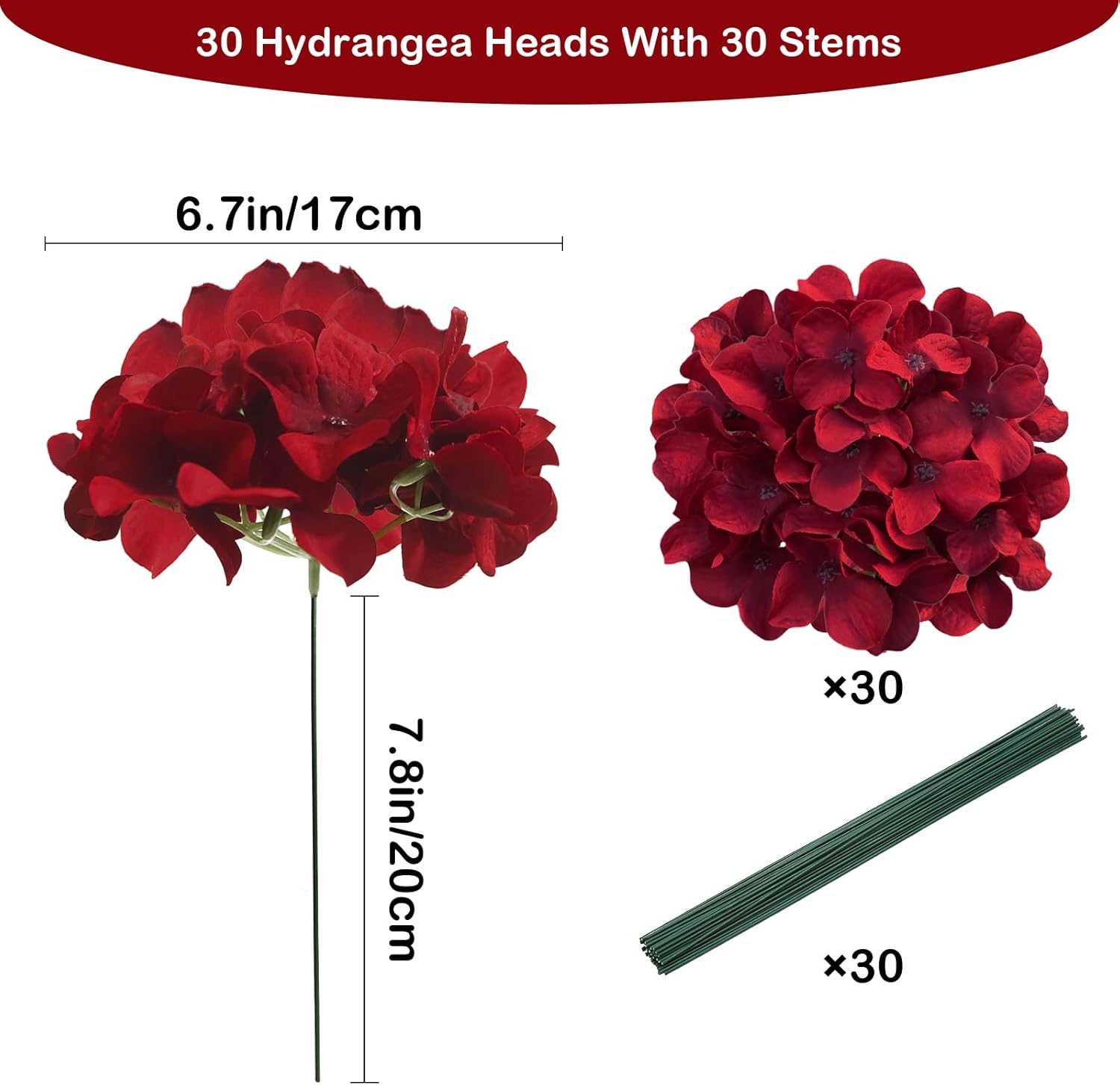 Dark Red Hydrangea Artificial Flowers Bulk, 30 Pcs Faux Hydrangea Flowers Heads, Artificial Fake Silk Hydrangea Flowers with Stems, Red Flowers Artificial for Decoration Wedding Décor - Image 2