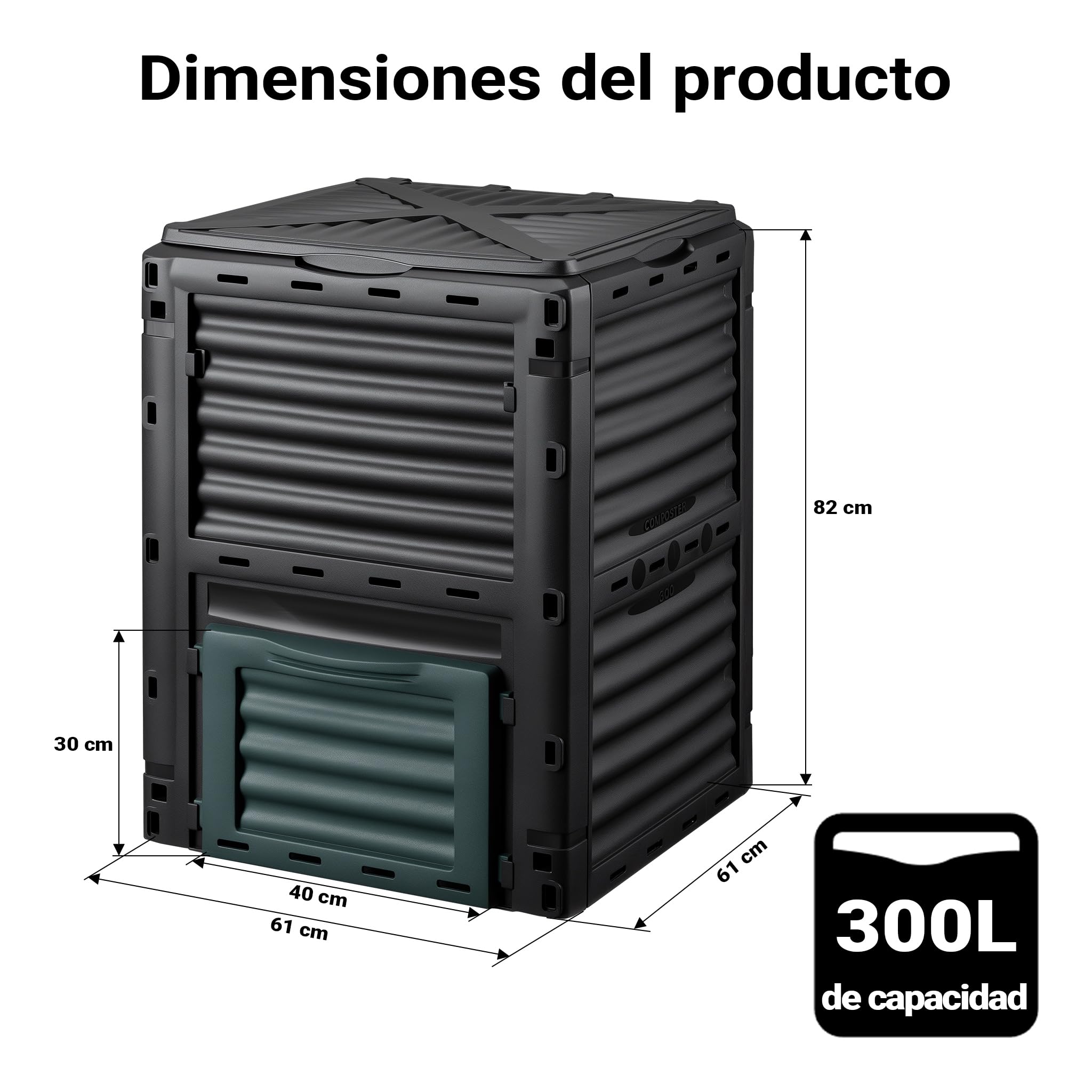 Wiltec Compostador de jardín 300 litros 61 x 61 x 82 cm, compostador de plástico para residuos orgánicos con Tapa compostaje rápido con Tapa Inferior para vaciar