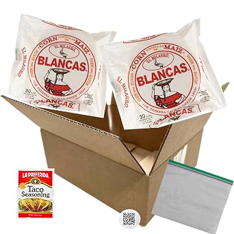 VentasBox El Milagro White Corn Maize Blanca Tortillas, 60 Count 2 Packs of 30, Authentic Mexican, include 1.5oz Taco Seasoning, 2 Zipper Bags, and Re-order QR Code Refrigerator Magnet