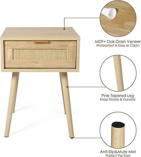 Miniatura 10 de LAZZO Juego de 2 mesitas de noche de madera para dormitorio, con cajón de tejido de ratán, mesa auxiliar para almacenamiento de dormitorio (juego de