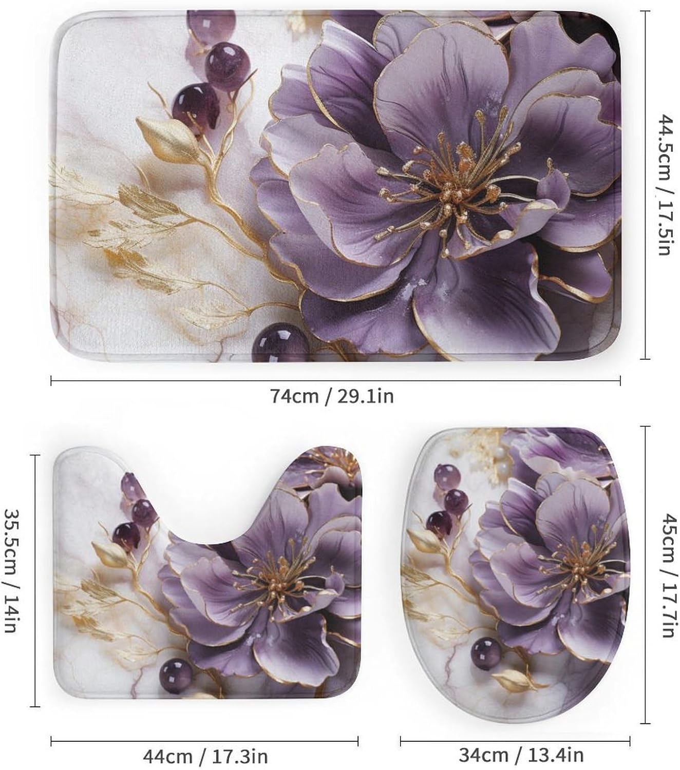 4Pcs Purple Floral Shower Curtain Set with Rugs, Toilet Lid Cover and Bath Mat, Marble Art 3D Flower Pattern Bathroom Curtains Decor Shower Curtains, 72" x 72"