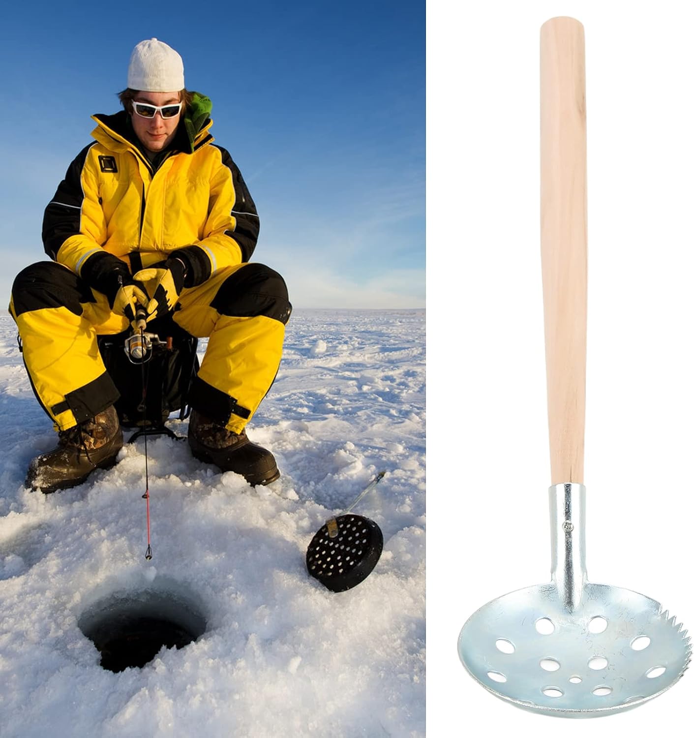 Wooden Handle Ice Fishing Spoon, 34cm Ice Fishing Skimmer Colander Ice Fishing Equipment