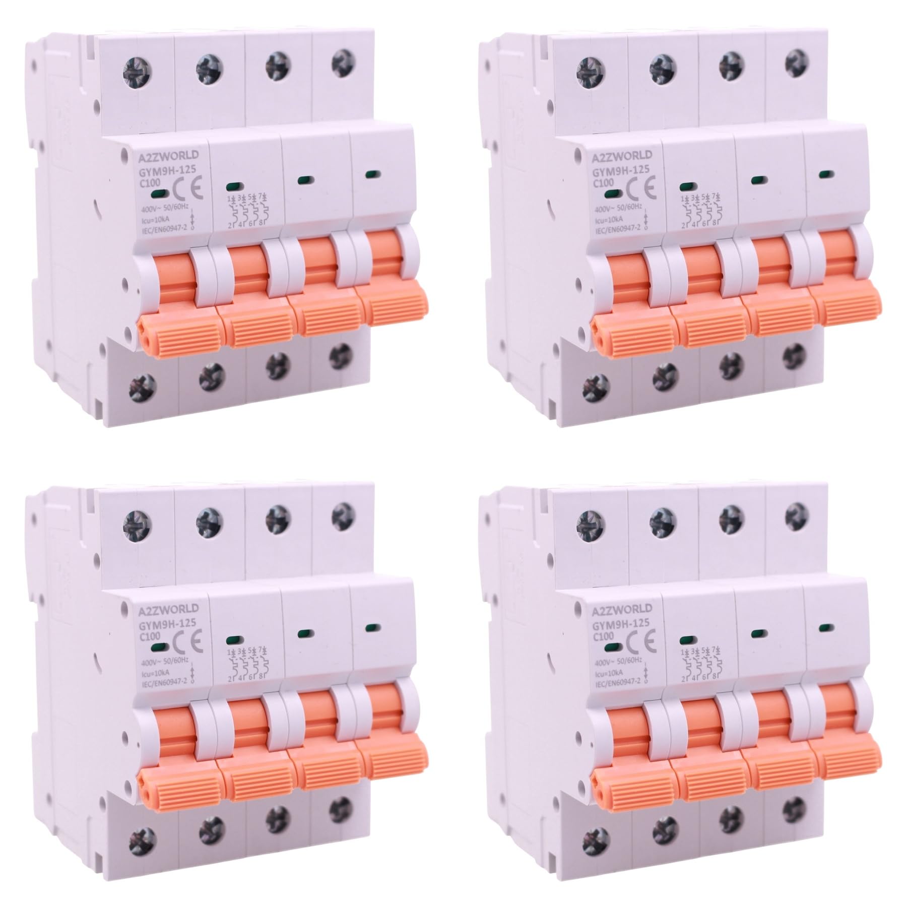 4 interruptores magnetotérmicos trifásicos 4P 100 A C100, curva C 10 kA, 4 módulos DIN 380 V AC, certificado IEC60898-1, serie GYM9H-125