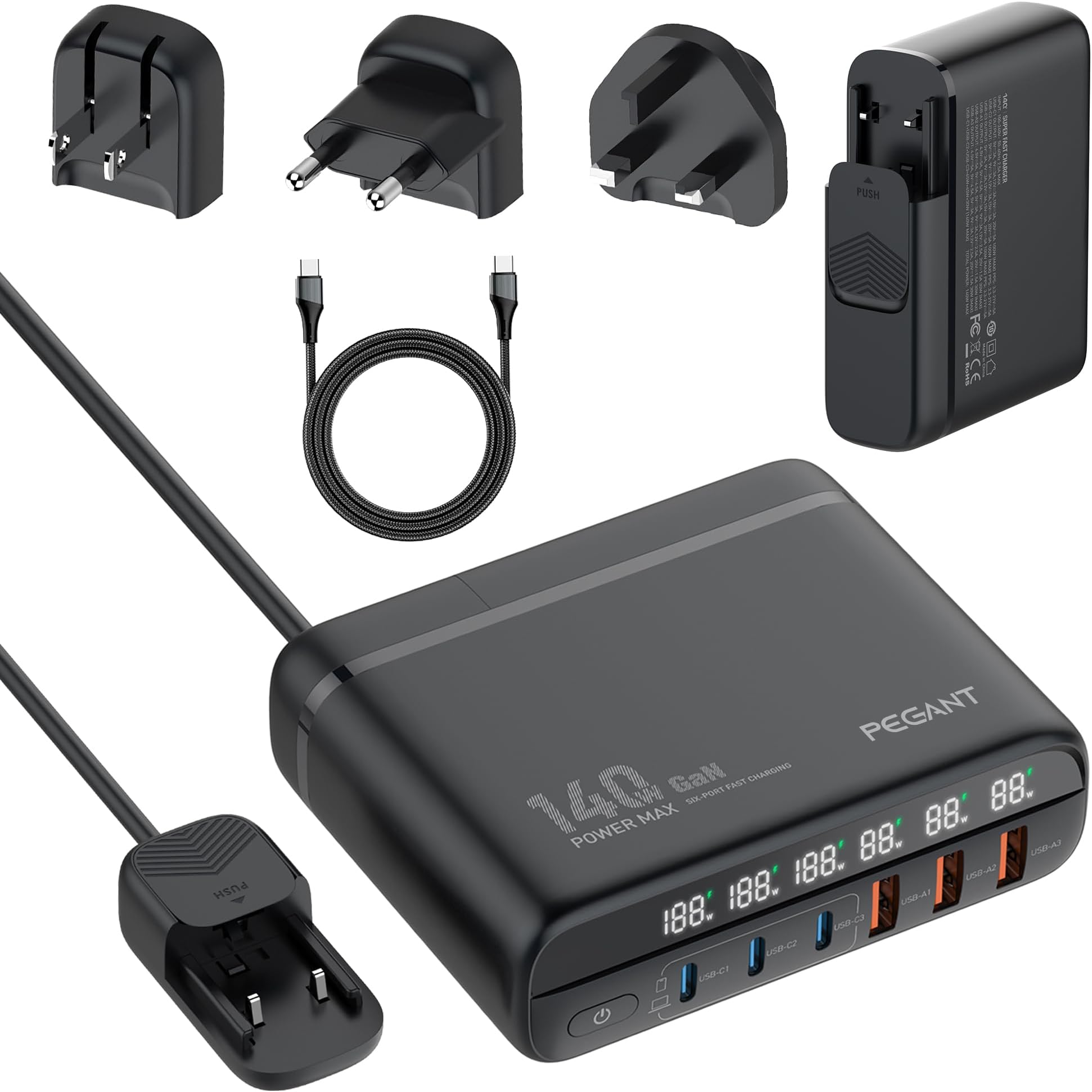 PEGANT 140W GaN USB-C Charger, 6-Port Fast Charging Station with PD3.0 & QC5.0, Desktop/Wall Travel Adapter with UK/EU/US Plugs, for MacBook Pro, iPhone 16 Pro Max, Galaxy S25 Ultra, Dell, HP, Lenovo