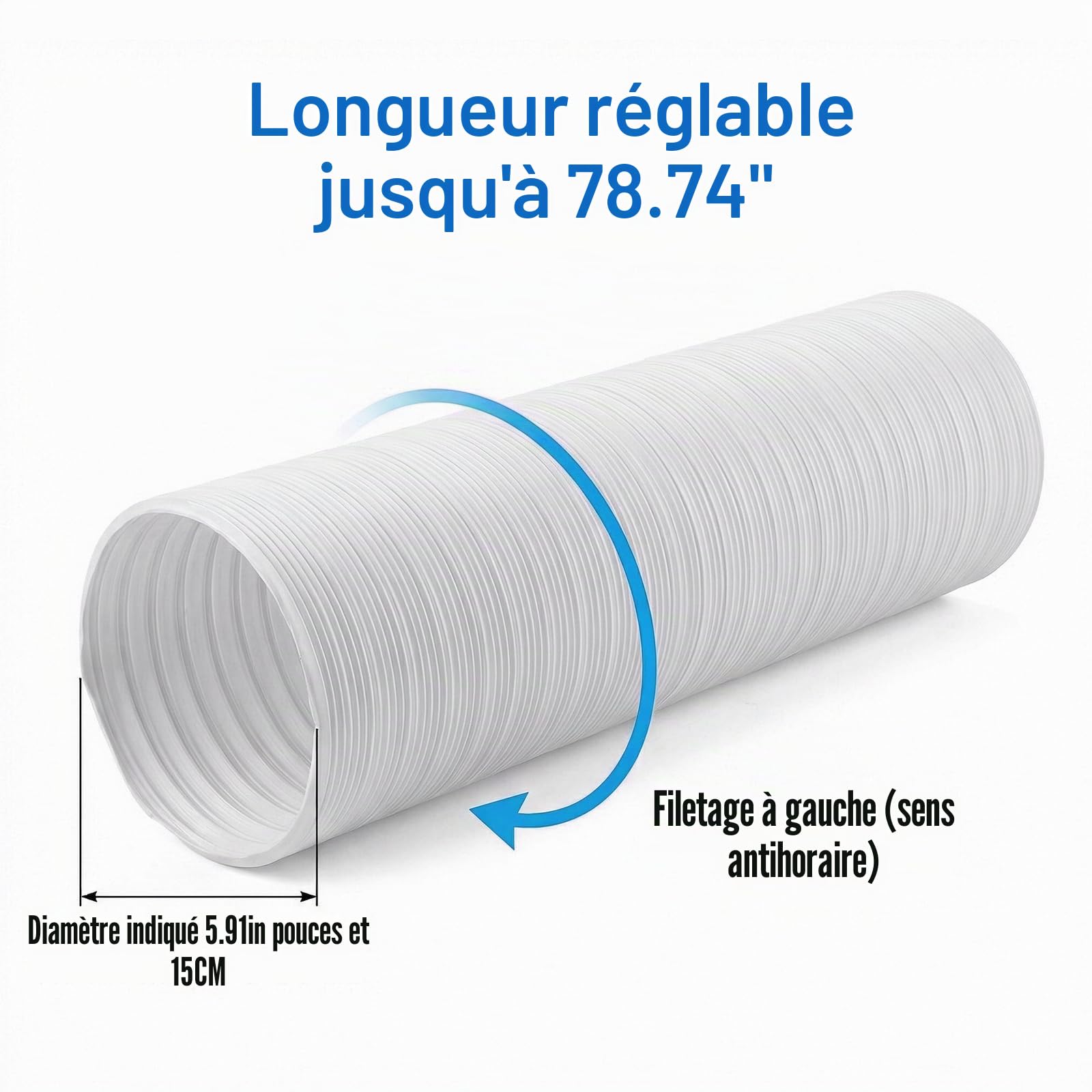 Tuyau Climatiseur Mobile, Diamètre 150mm Longueur 2M, Filetage à Gauche/Anti-Horaire, Tuyau Rallonge Souple en PP avec Armature Acier, Évacuation Universel pour Climatiseur Mobile