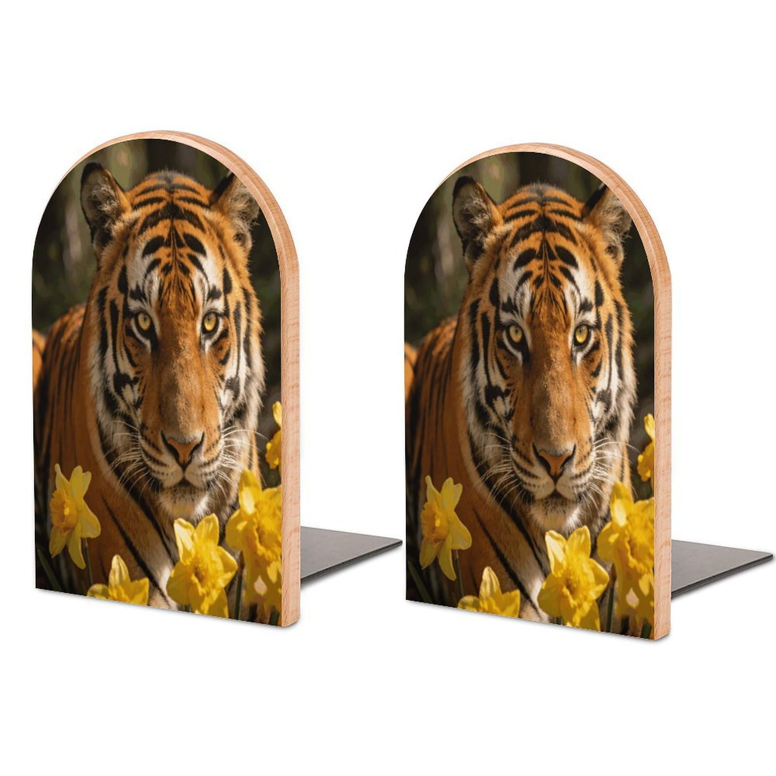 Tigers and Yellow Flowers Book End for Shelves Book Shelf Holder Home Decorative Non Skid Book Stoppers Universal Economy Bookend Wood Handmade Heavy Duty Bookend for Home Office 1 Pair