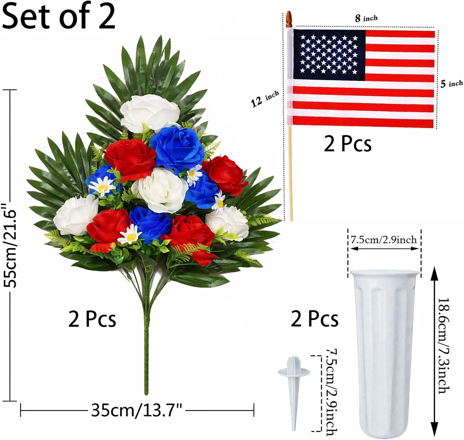 Memorial Day Flowers for Cemetery, 2 Sets Red White and Blue Grave Flowers for Grave Vase with American Flags, Patriotic Cemetery Flowers, Veterans Day and 4th of July Cemetery Decorations