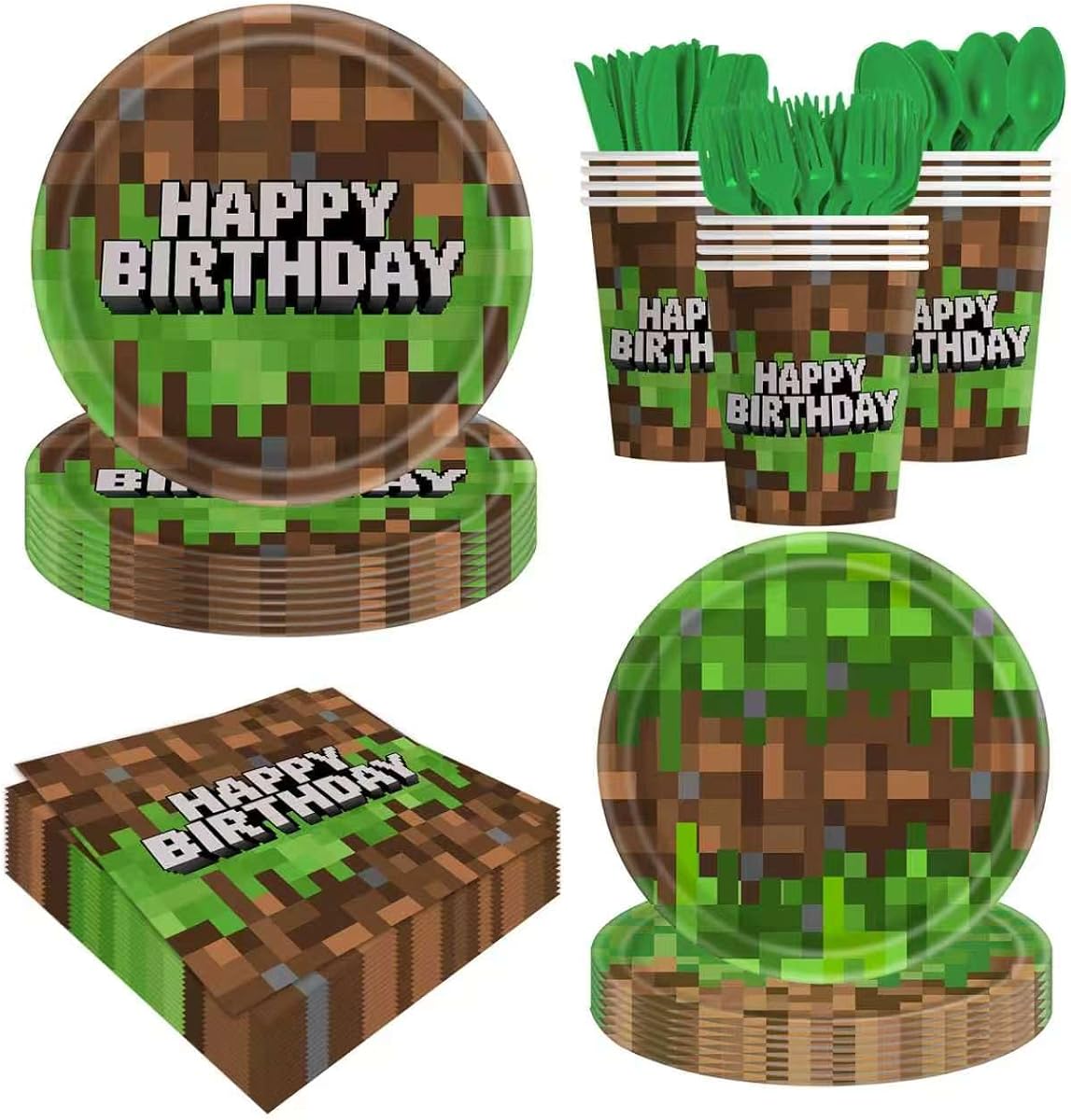 140pcs Green Birthday Party Decorations Green Plates Napkins Party Supplies Disposable Paper Cups Tableware Set for Boys Kid Teen Birthday Decor Serves 20