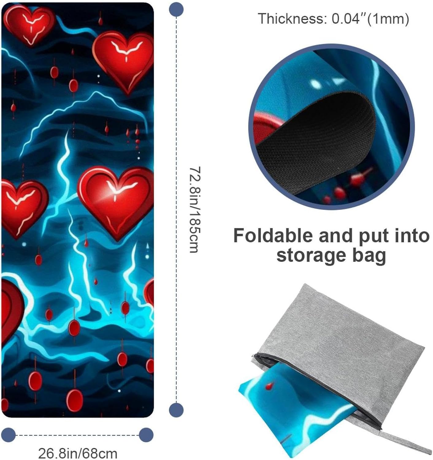 Yoga Towel, Love Heart Pattern Non Slip Sweat Absorbent Hot Yoga Mat Towel for Hot Yoga, Pilates and Fitness - 72.8" x 26.8"