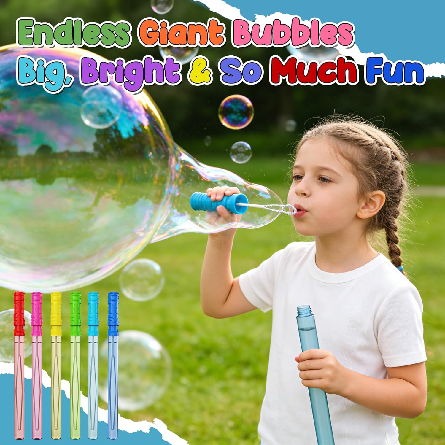 EagleStone 14.6" Giant Bubble Wands Bulk for Kids, 6 Pack Big Bubble Sticks with Refill Solution, Outdoor Summer Backyard Toddler Bubble Toys for Kids, Easter Basket Stuffers, Birthday Party Favors