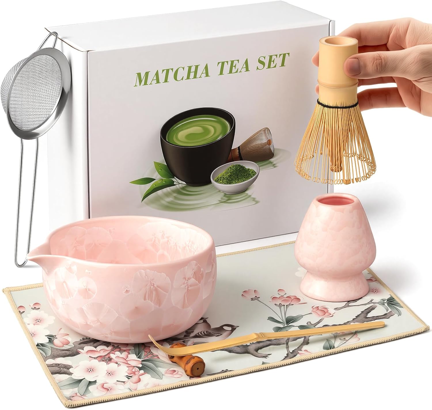 Matcha Whisk Set 7 PCs Ceramic Japanese Matcha Bowl Kit Includes Matcha Bowl, Matcha Whisk and Holder, Bamboo Scoop, Scoop Rest, Sifter, Tea Towel - Traditional Matcha Starter Set for Matcha Lovers