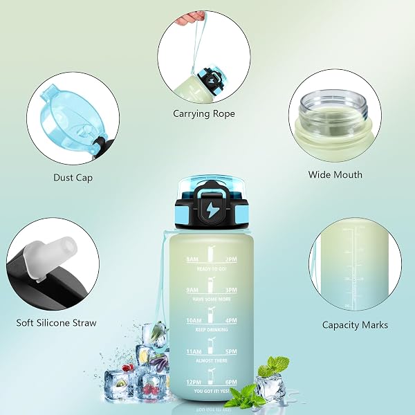 Gourde 500ml, Gourde Enfant avec Marqueur de Temps, Facile à Nettoyer, Anti Fuite Bouteille d'eau Motivation, Verrou de Sécurité, Gourdes avec Paille pour Sport, École, Gym - 2