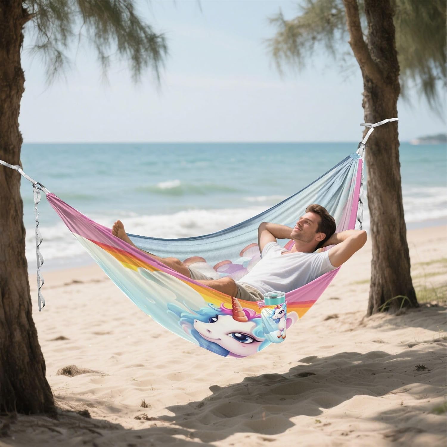 ALAZA Unicorn Rainbow Camping Hammocks Single or 2 Person 500 lbs Portable Parachute Travel Hammock w/Tree Straps for Hiking Backpacking Indoor Outdoor