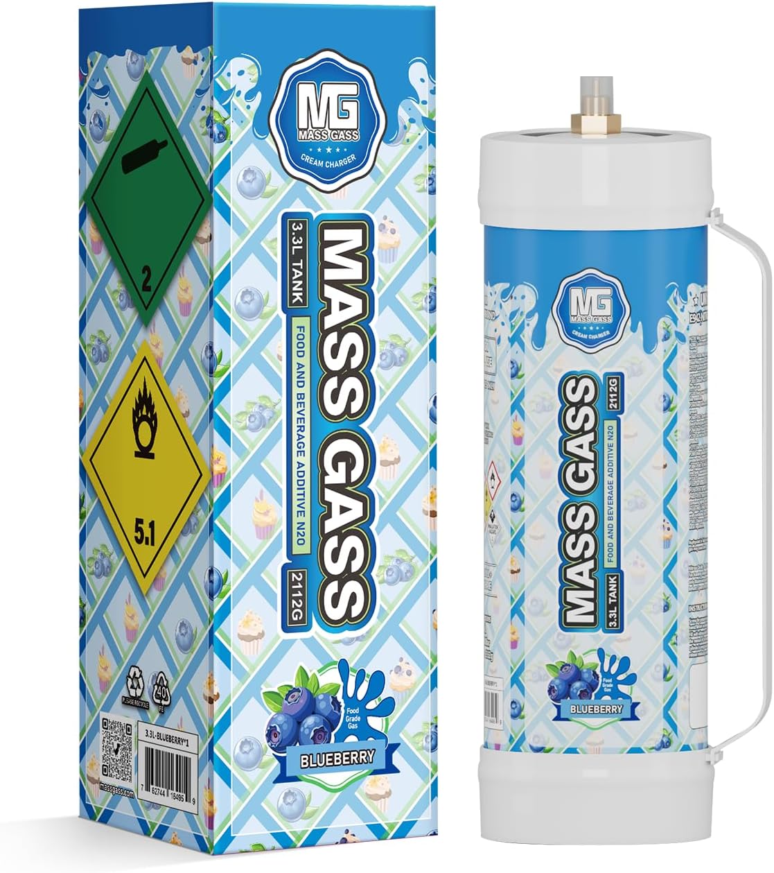 MassGass Cream Charger 3.3L Tanks 2112g×1 Whipped Cream Charger Cylinder Food Grade Blueberry Flavor for Whipped Cream Dispenser, 1-Pack