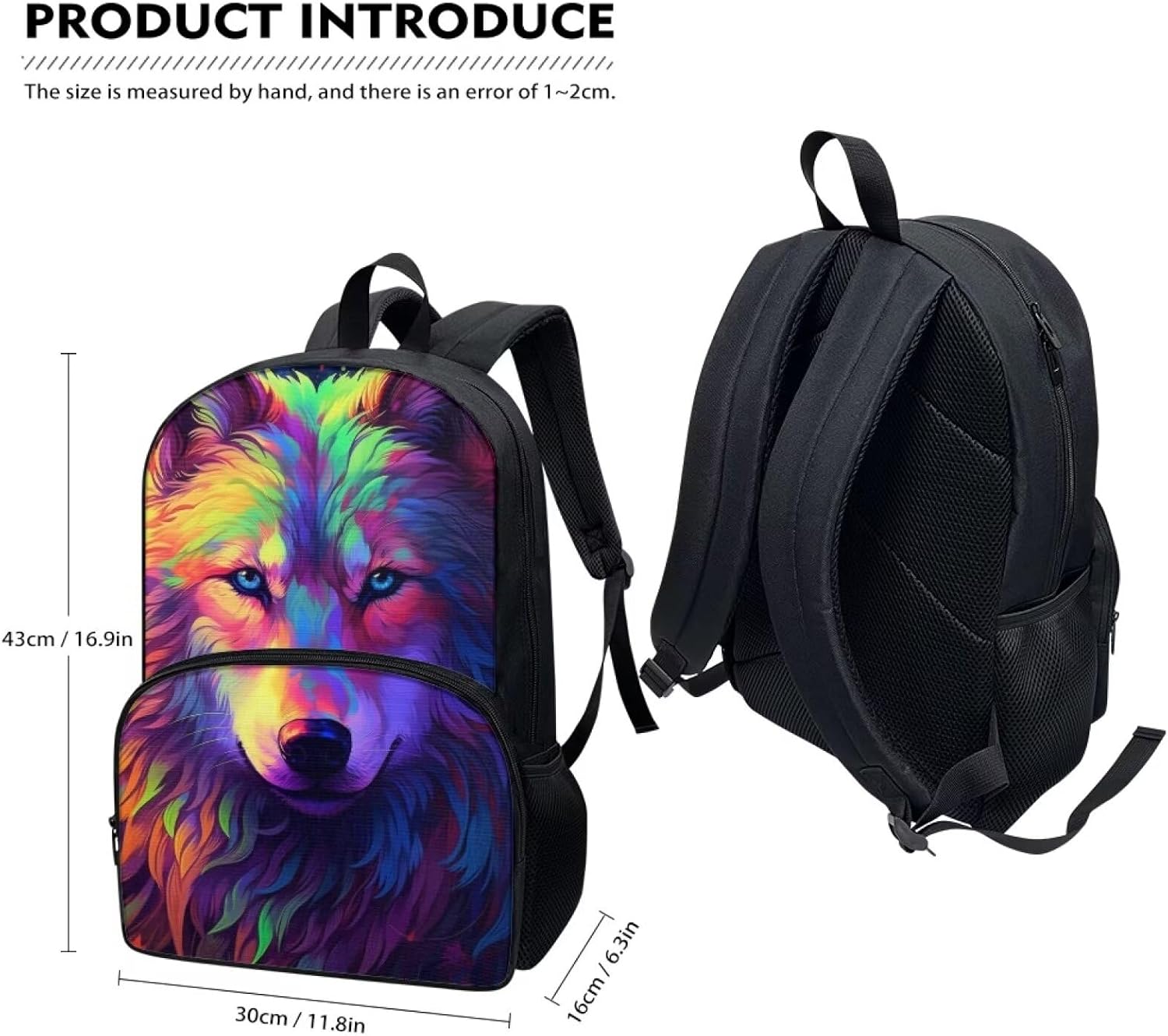 Colorful Graffiti Wolf Print Cute Animal Print Large Backpack for Kids Boys Girls School Student Personalized Laptop Pad Tablet Travel School Bag with Multiple Pockets