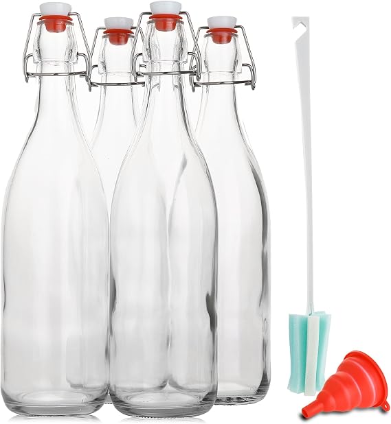 AYL Flip Top Glass Bottle [1 Liter / 33 fl. oz.] [Pack of 4] Swing Brewing Bottle with Stopper for Beverages, Oil, Vinegar, Kombucha, Water, Soda, Kefir Airtight Lid & Leak Proof Cap Clear