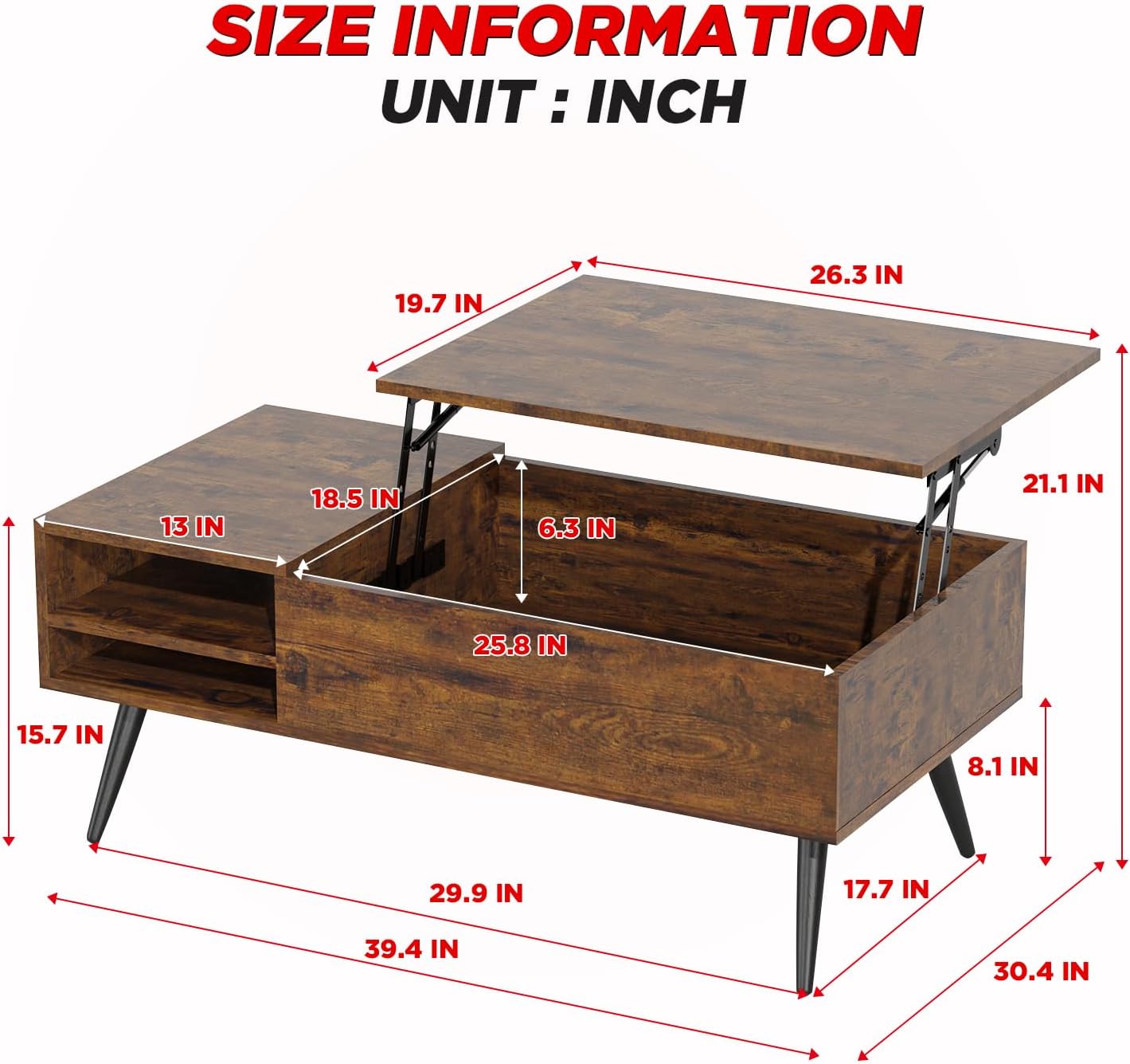 FDW Modern Lift Top Coffee Table Wooden Small Coffee Table Easy Setup Coffee Table with Storage Shelf Hidden Compartment for Living Room Home Office, Dark Brown