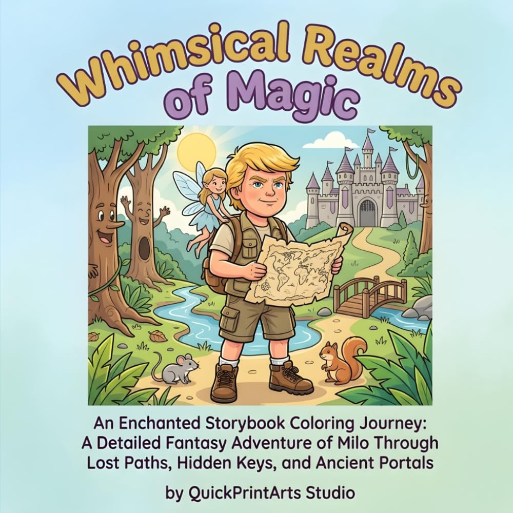 Whimsical Realms of Magic: An Enchanted Storybook Coloring Journey: A Detailed Fantasy Adventure of Milo Through Lost Paths, Hidden Keys, and Ancient Portals