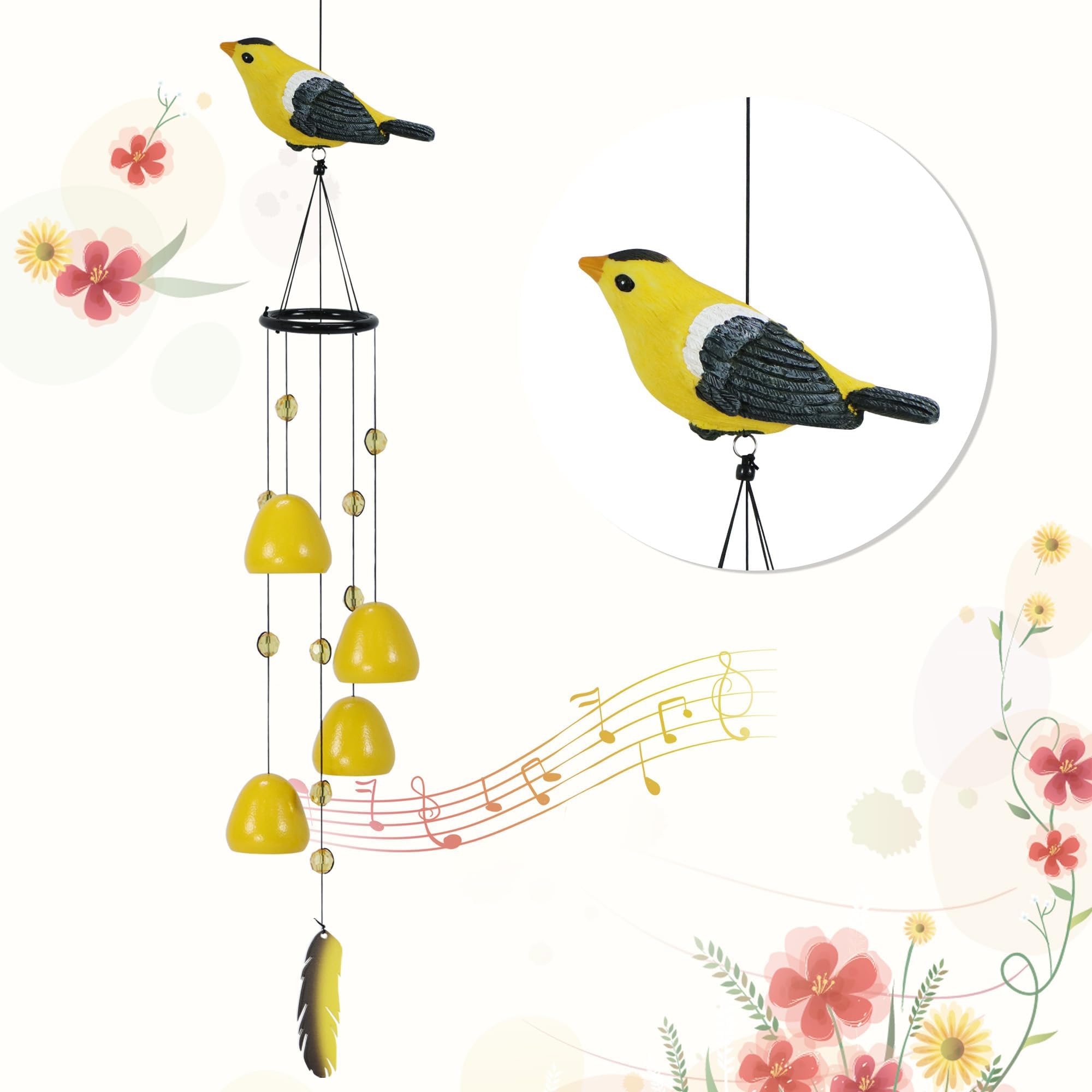 Bird Wind Chimes for Outside，Goldfinch Bird Gifts，Yellow Bird Wind Chimes Outdoor Decorations, Mother‘s Day Gifts for Mom/Grandma,Garden Patio Backyard Hanging Decor.