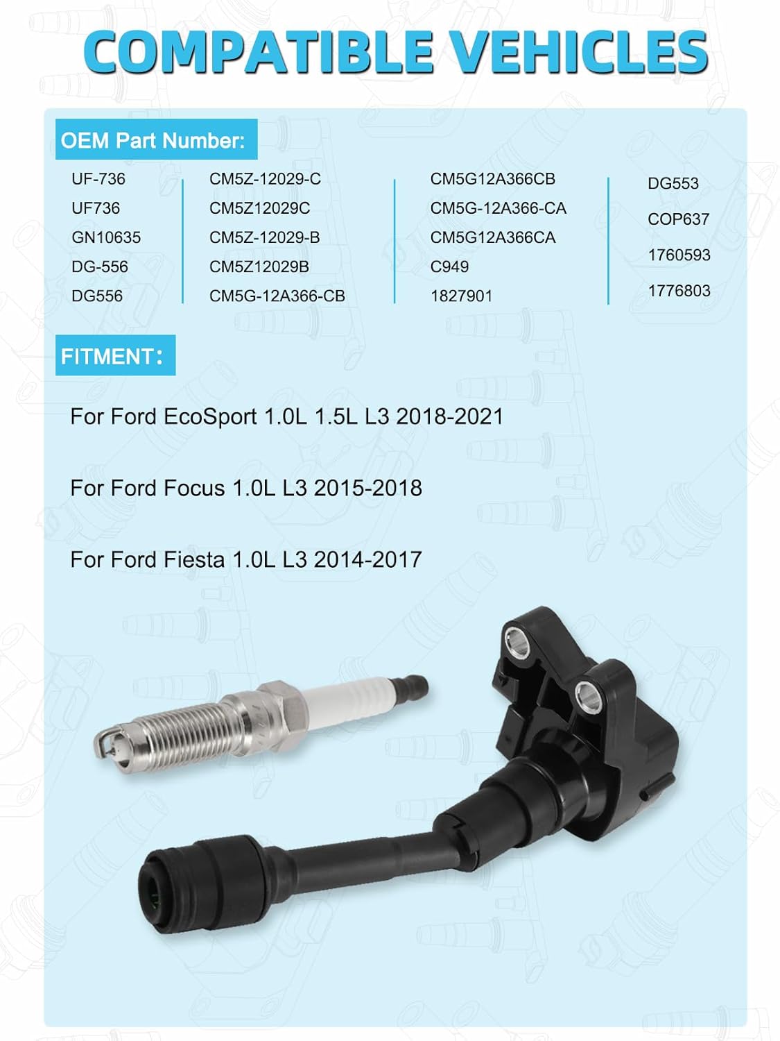 Set of 3 UF736 Ignition Coil Pack & Iridium Spark Plugs For Ford EcoSport 1.0L 1.5L 2018-2021,Focus 1.0L 2015-2018,Fiesta 1.0L 2014-2017,Replace # CM5Z12029B CM5Z12029C C949 GN10635 COP637