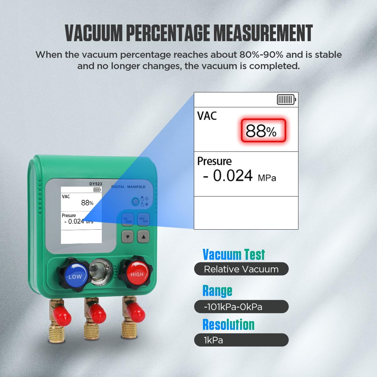 Digital gauge display showing vacuum percentage wiwọn