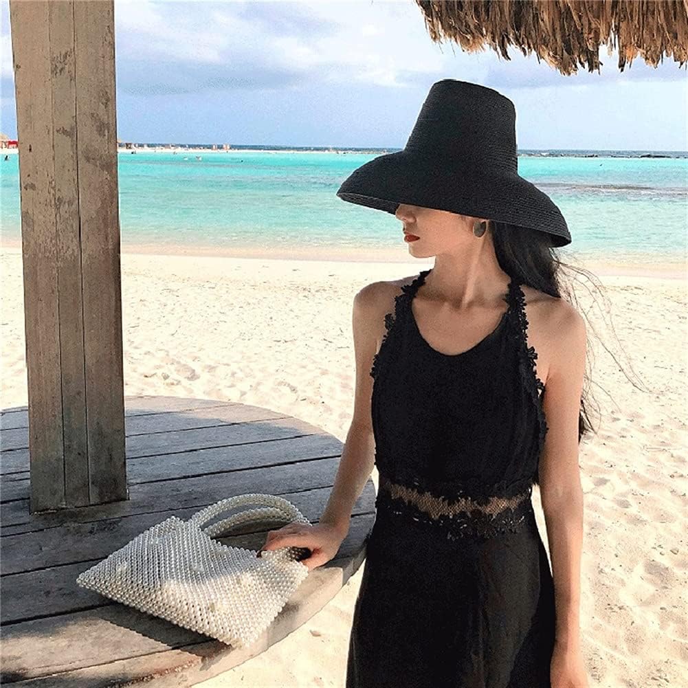 MRKU Chapeau de Soleil d'été pour Femme, à Larges Bords, Rouge, Noir et Beige, Pliable, idéal pour la Plage et Les Voyages.