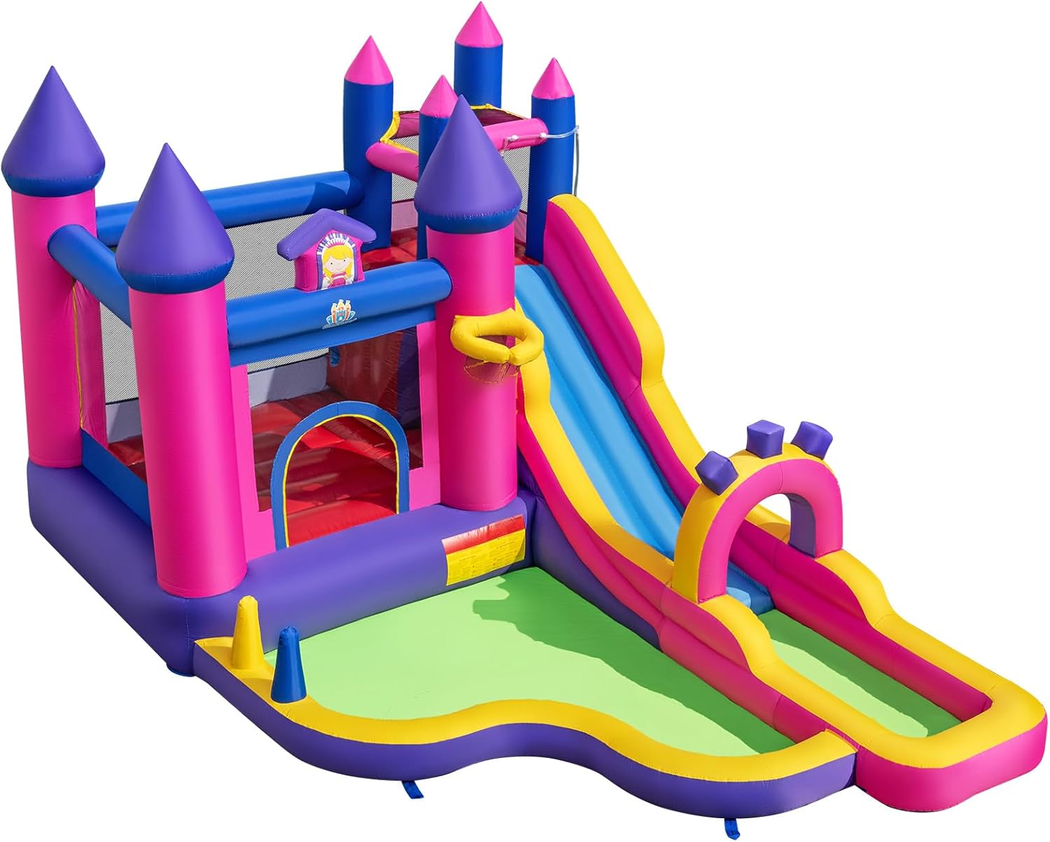 COSTWAY Princess Themed Inflatable Castle with Slide and Jumping House, Inflatable Playground with Climbing Wall and 2 Pools, Basketball Basket, Indoor Outdoor for 3-12 Years