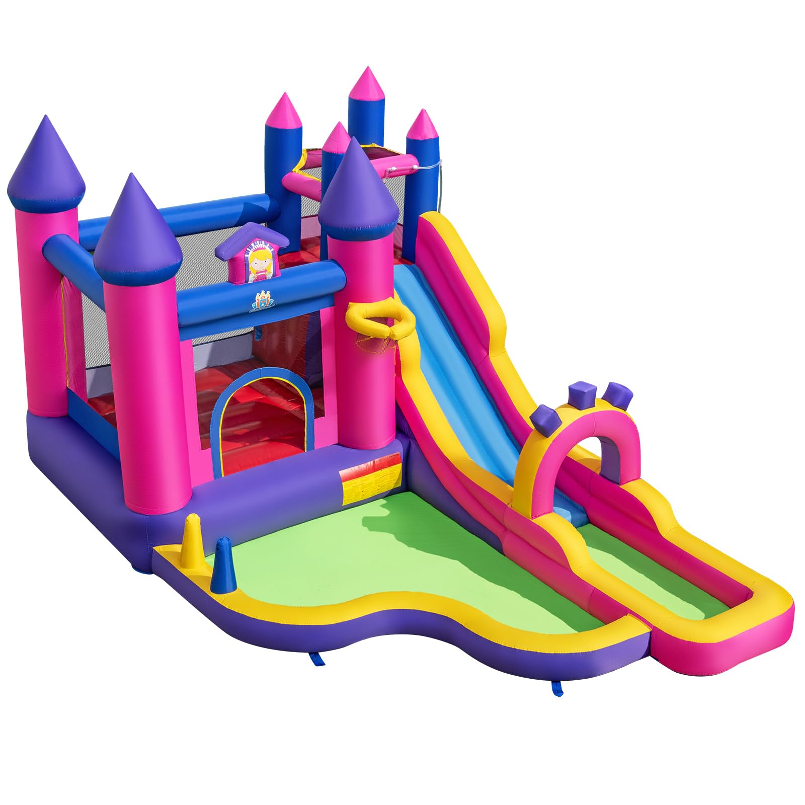 COSTWAY Castillo Hinchable para Niños, Parque Infantil Acuático Tema de Princesas con Tobogán Largo, Canasta de Baloncesto, insuflavel criança para Niños, Jardín, Césped, 460x290x245 cm (sin Soplador)