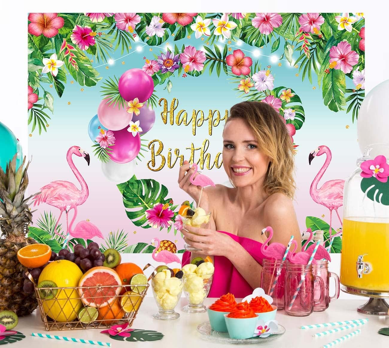 Summer Happy Birthday Backdrop Tropical Hawaiian Flamingo Flowers Palm Leaves Summer Beach Photography Background Aloha Beach Baby Shower Luau Party Supplies Photo Booth Props 7x5FT