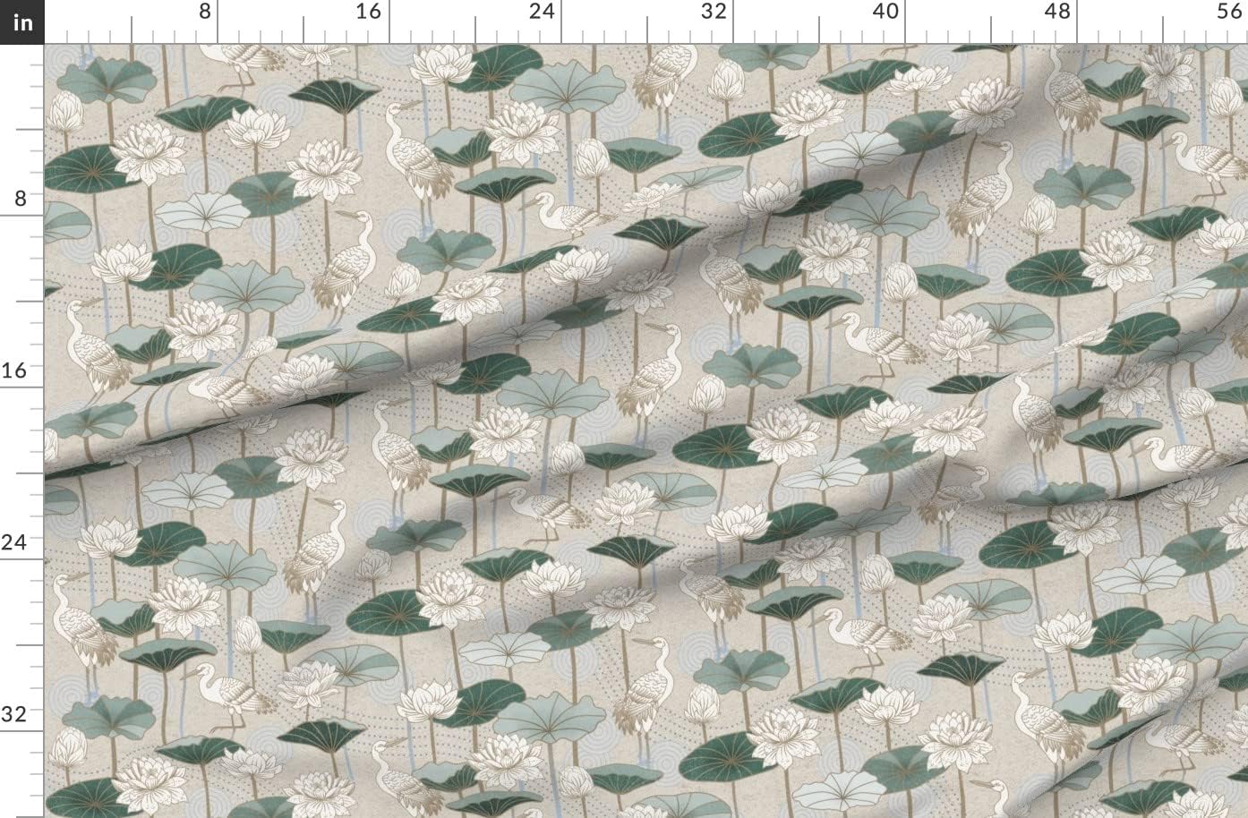 Spoonflower Fabric - White Lotus Cranes Green Asian Floral Birds Deco Printed on Organic Cotton Sateen Fabric by The Yard - Sewing Quilting Apparel Home Decor