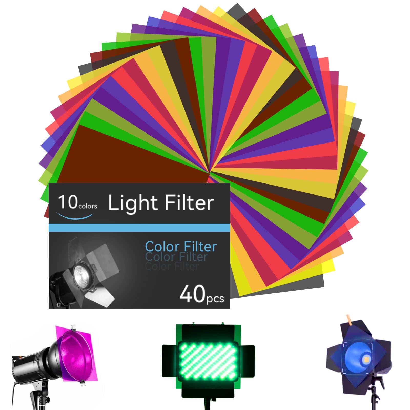 40 Pcs Filtre de Lumière Gel de Correction de Couleur, Transparent Film Plastique Feuilles de Recouvrement Coloré Filtre Gel d'éclairage de Couleur, 10 Couleurs Format A4