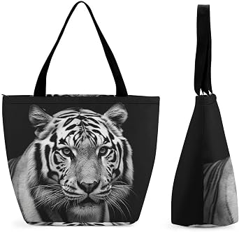 Tote Bag Reusable Grocery Bag Foldable Shopping Bag Extra Large Shoulder Bag Black And White Tiger Tote Bag for Travel Work