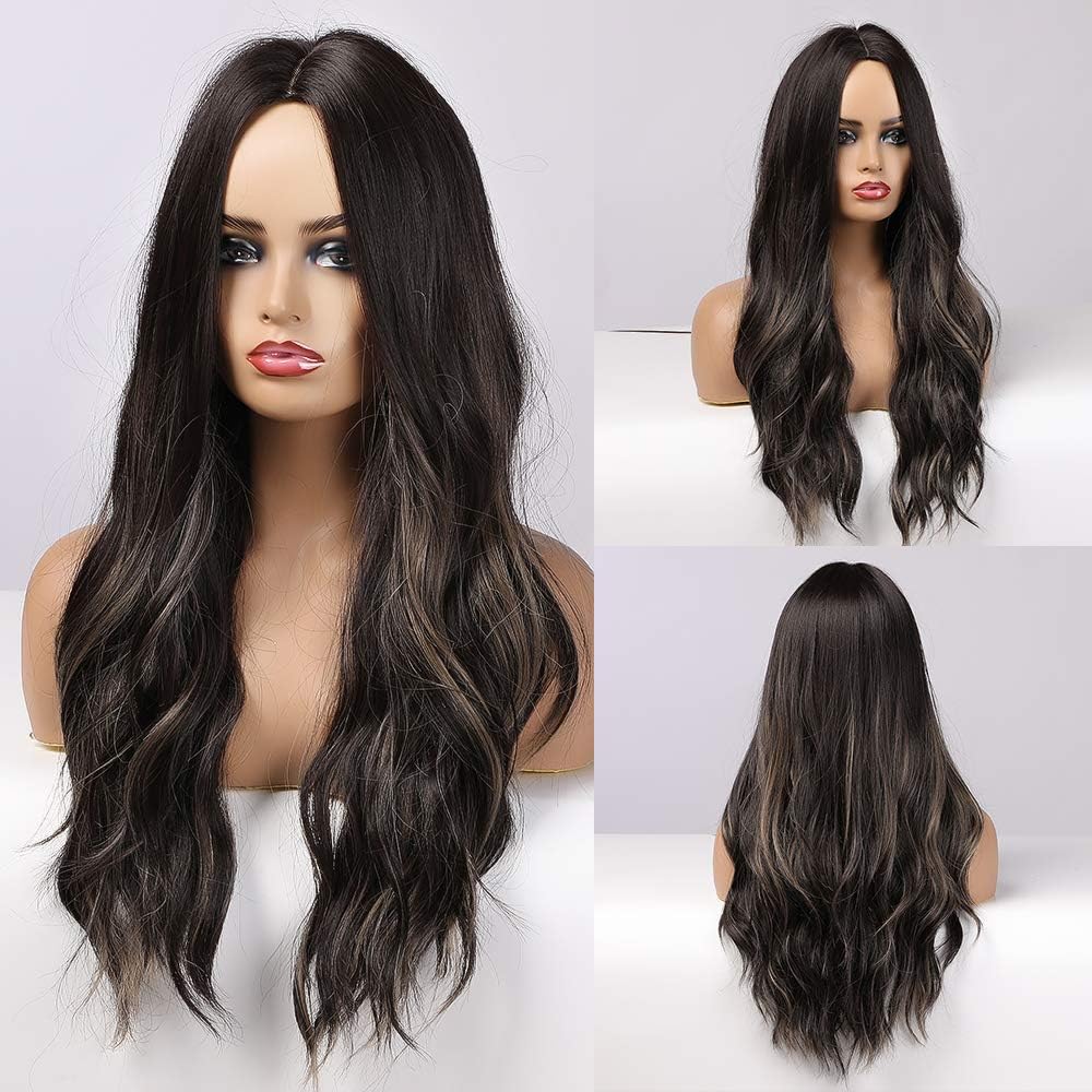 EMMOR Long Black Wig for Women 26 Inch Natural Synthetic Hair Middle Part Curly Wavy Wigs With Blonde Highlight - Image 4