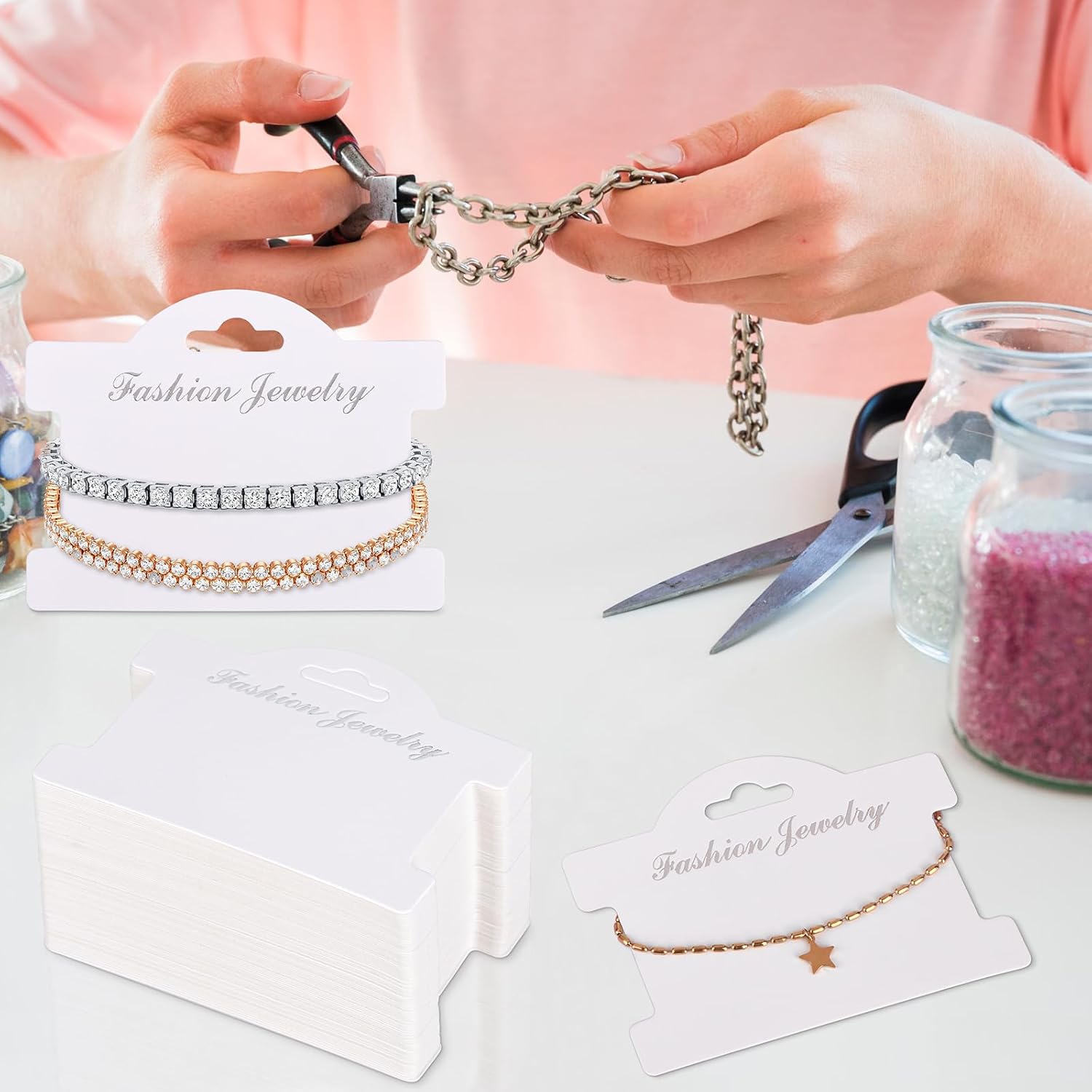 100 Pcs Jewelry Display Cards, Multipurpose 3.94 x 2.83 Inch Bracelet Display Cards Necklace Hanging Cards Hair Ties Display Card Bracelet Packaging Jewelry Bracelet Necklace Earrings Showing Tags