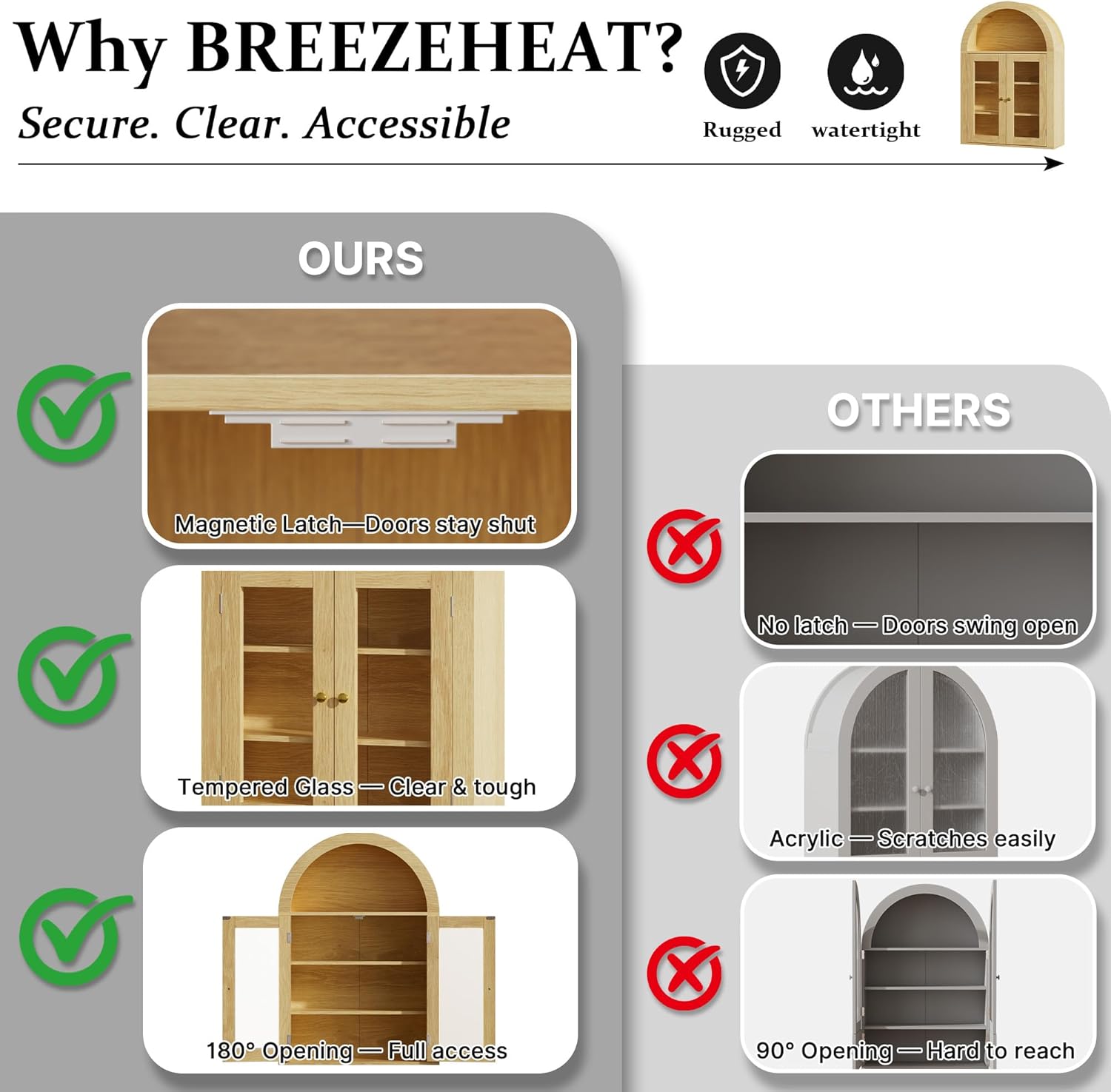 BREEZEHEAT Arched Medicine Cabinet with Glass Doors, Adjustable Shelf, Wall Mounted Bathroom Storage Cabinet Over Toilet, Natural Oak Wood Grain, 23.6''W × 31.5''H