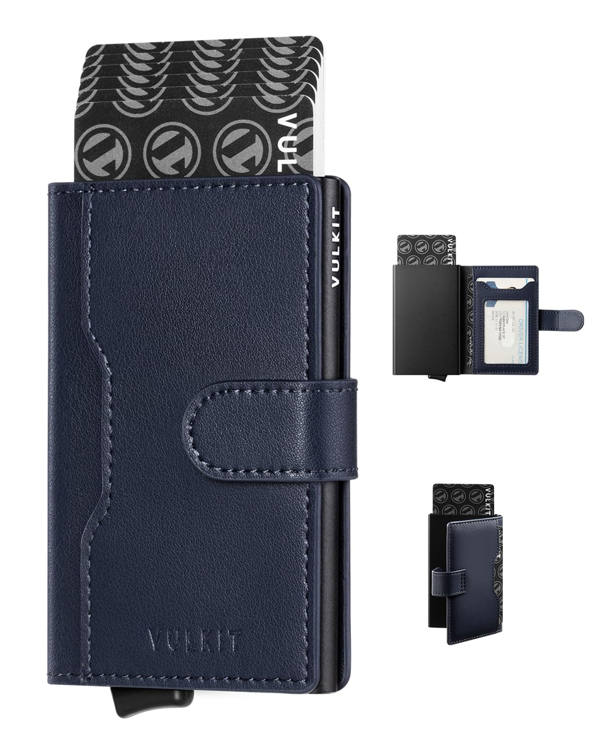 VULKIT Slim Bifold Pop up Wallet Minimalist Leather Card Holder RFID Blocking Metal Card Case with ID Window for Women | with Leather Slots, RFID