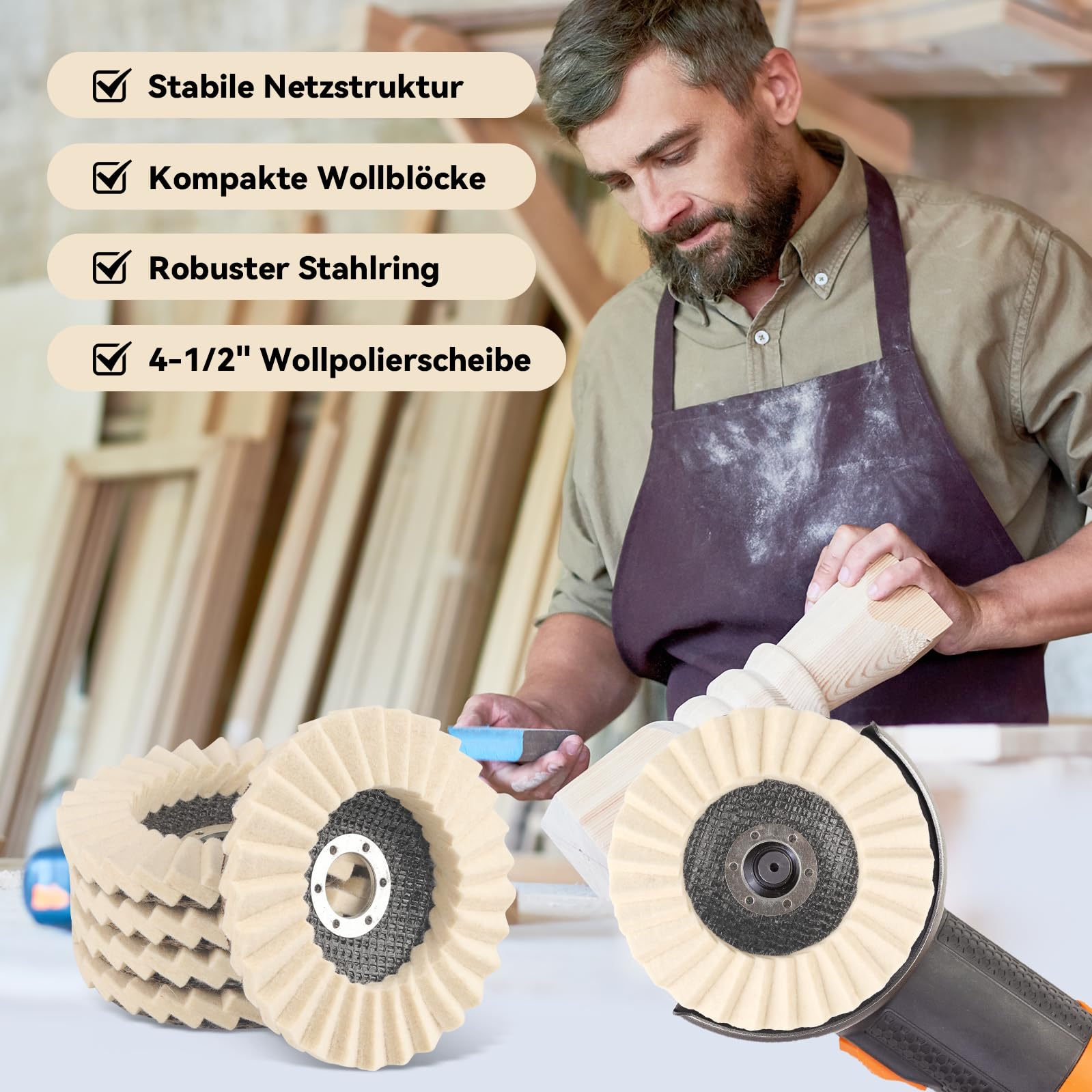 5er-Pack Polierscheiben 125 Mm Mit 22,2 Mm Bohrung – Wollfilz Für Winkelschleifer – Abriebfest, Sicher Verklebt & Fusselfrei – Für Lack, Edelstahl, Holz & Kunststoff