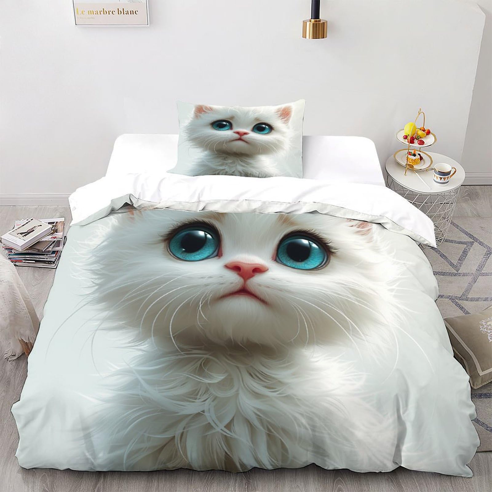 Housse de couette chat blanc 2 pièces en microfibre 135x200cm pour lit simple