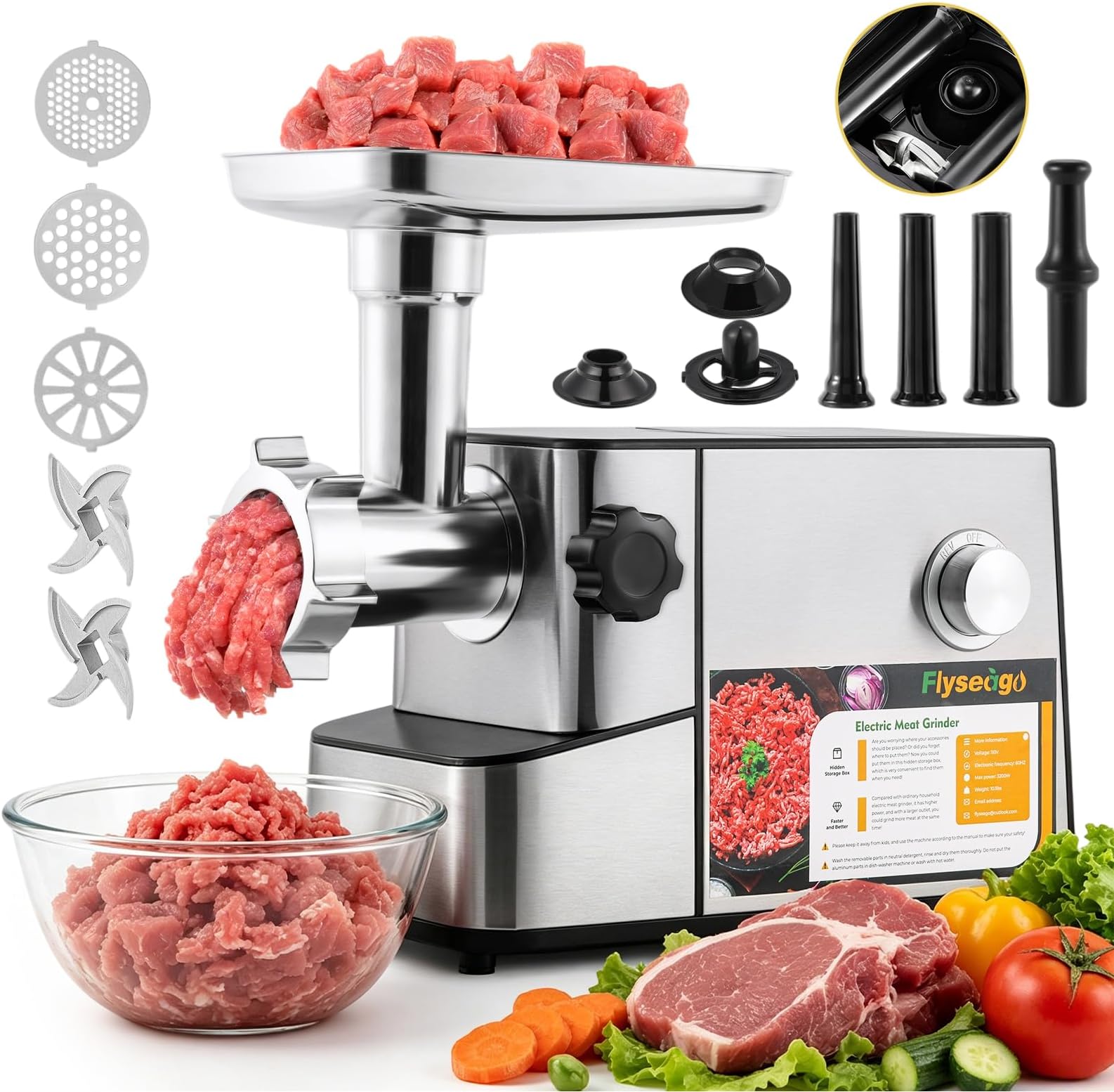 Electric Meat Grinder 3200W Multi-functional with Storage Function | High output heavy duty, with stainless steel blades&grinding plates, sausage stuffers, kubbe kit, home use&commercial kitchen