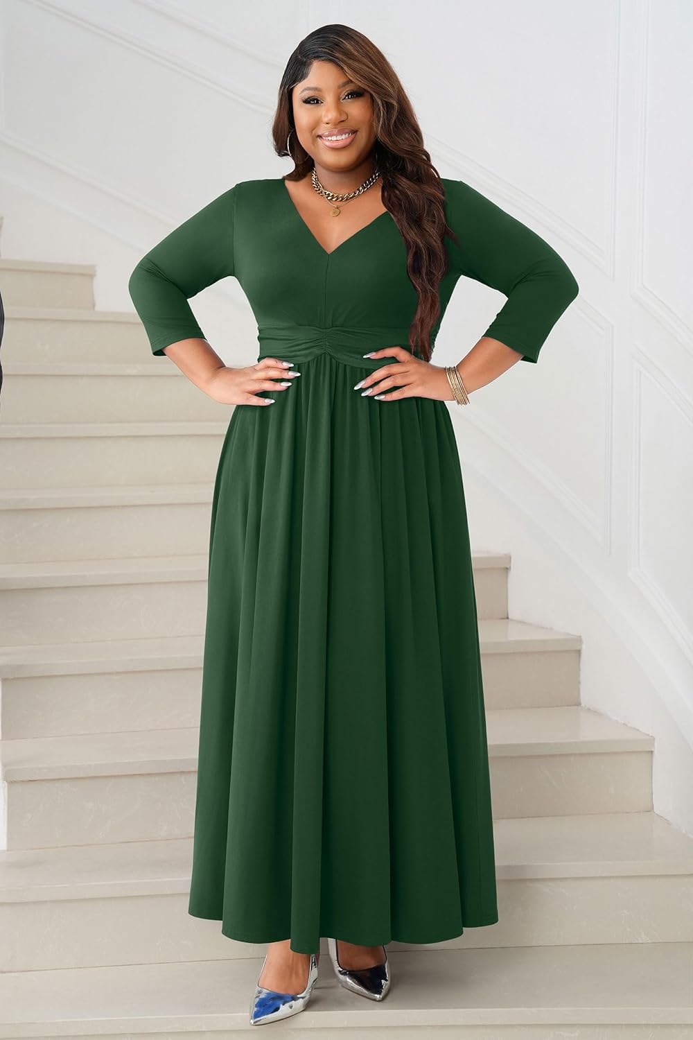 FANDEE Casual Maxi Dress for Women Summer Wtih Pockets 3/4 Sleeve V Neck Elastic High Waist Elegant Pleated A-Line Dresses - Image 5