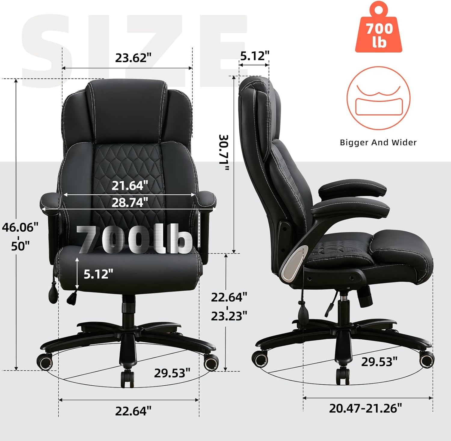 700lbs Big and Tall Office Chair - Heavy Duty Executive Desk Chair with Inflatable Lumbar Support, Extra Wide Padded Seat, Flip-up Arms, Metal Base & Quiet Rubber Wheels, High Back Ergonomic Chair
