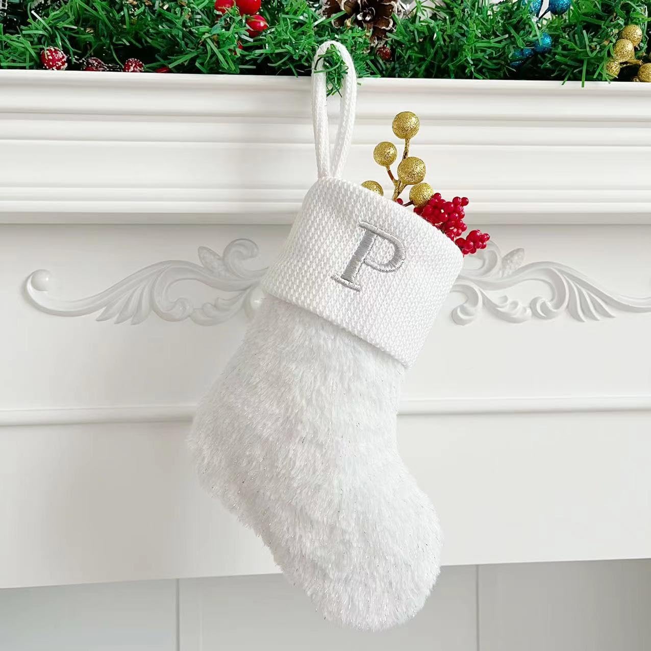 Initial Letter Christmas Stocking White Snowflake Knitted Christmas Tree Stockings Decorative Sock Hanging Ornament for Mantel Fireplace (White P, 10inch)