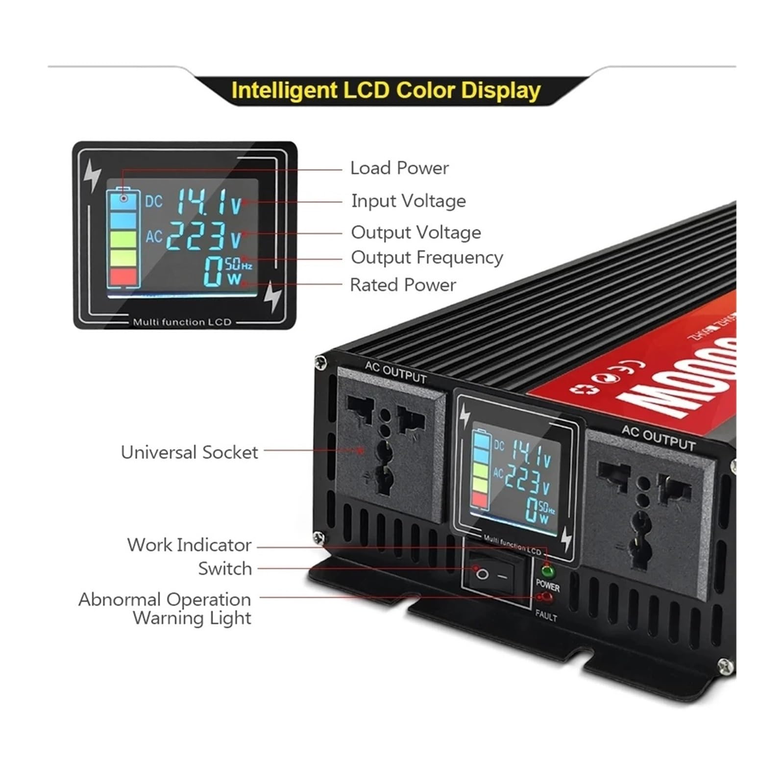 POWERinvert Onduleur Voiture 4000 W À Onde Sinusoïdale Double Prise Écran LCD Convertisseur Tension CC 48 V/60 V/72 V vers CA 220 V(48V,220V 50HZ,Universal)