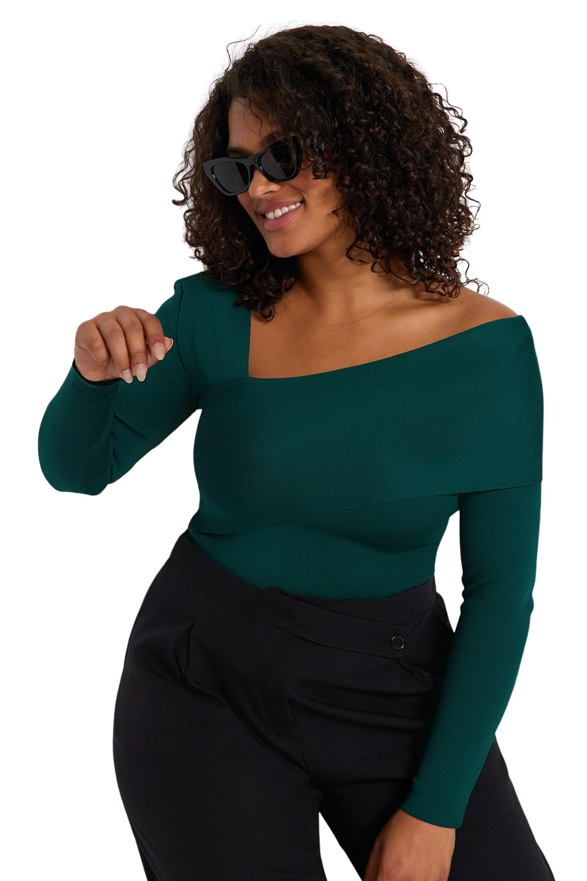 Trendyol FeMan Regular fit Basic Asymmetrical Collar Knitwear Plus Size Jumper,Emerald,XL