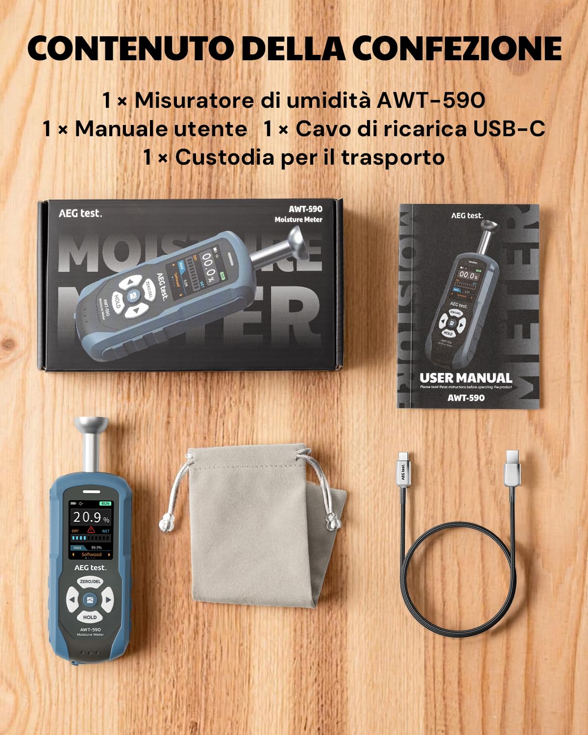 AWT-590 Misuratore di Umidità per Legno Senza Aghi Ricaricabile per Cartongesso, Muratura & Legno, con Allarme Regolabile, Registrazione Dati e Design Emisferico Metallico Unico