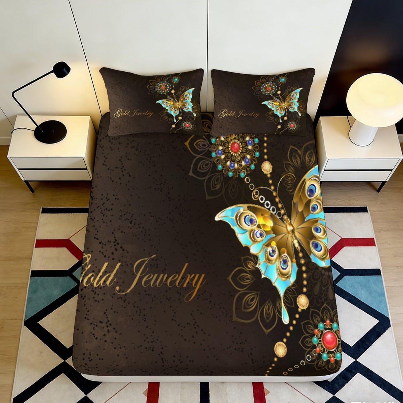 Pnayamiorkfel Style-2 3D Printed Gold Butterfly Fitted Sheet Microfiber Soft Brown Jewel Bed Cover For Bedroom Guestroom Decorative 90X200x25cm