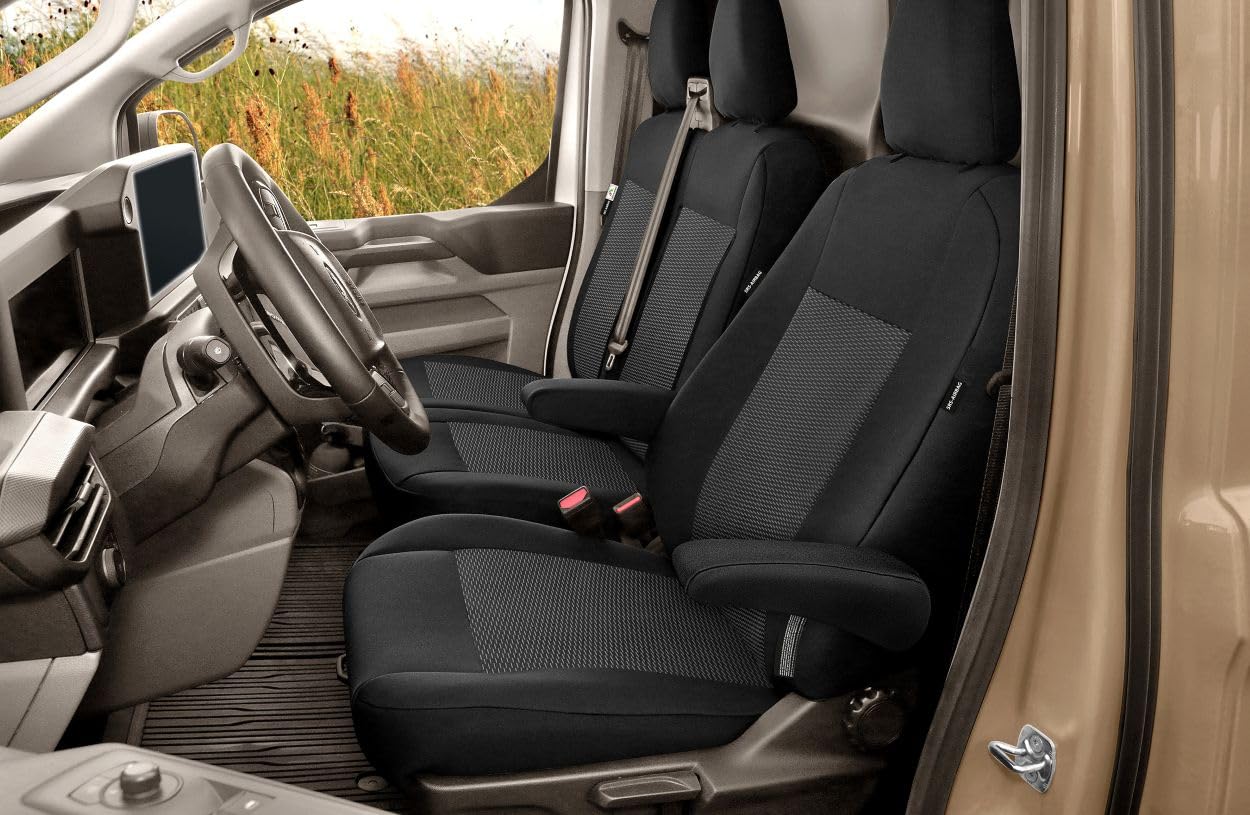 Sitzbezüge kompatibel mit Ford Transit Custom II ab 2024 Fahrersitz Doppelbank Autositzbezüge Stoff Schwarz Airbag geeignet